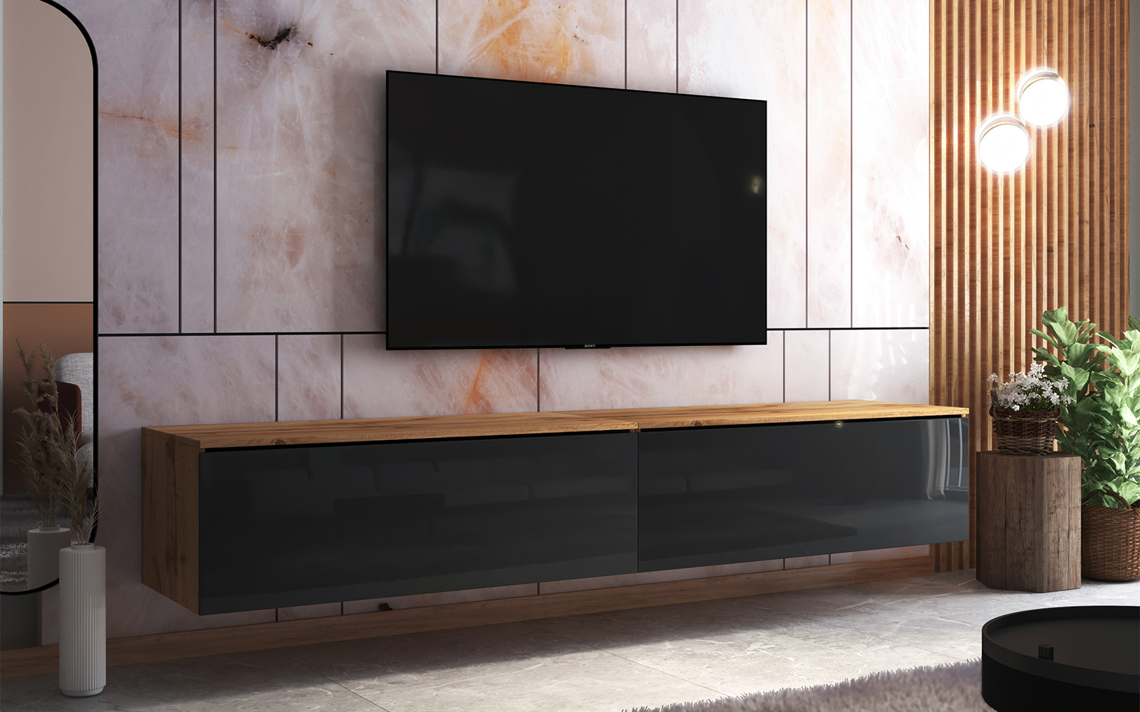 Szafka RTV Skylara 200 cm Dąb wotan / czarny połysk