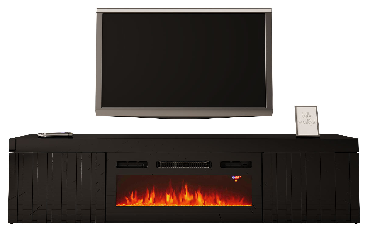 Szafka RTV Kalva 180 cm z kominkiem elektrycznym czarny połysk lamele