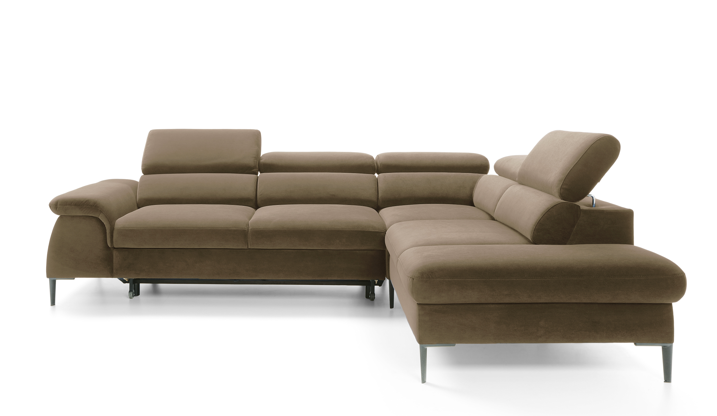 Narożnik z funkcją spania Naverro L-kształtny z pojemnikiem jasnobrązowy velvet hydrofobowy prawostronny