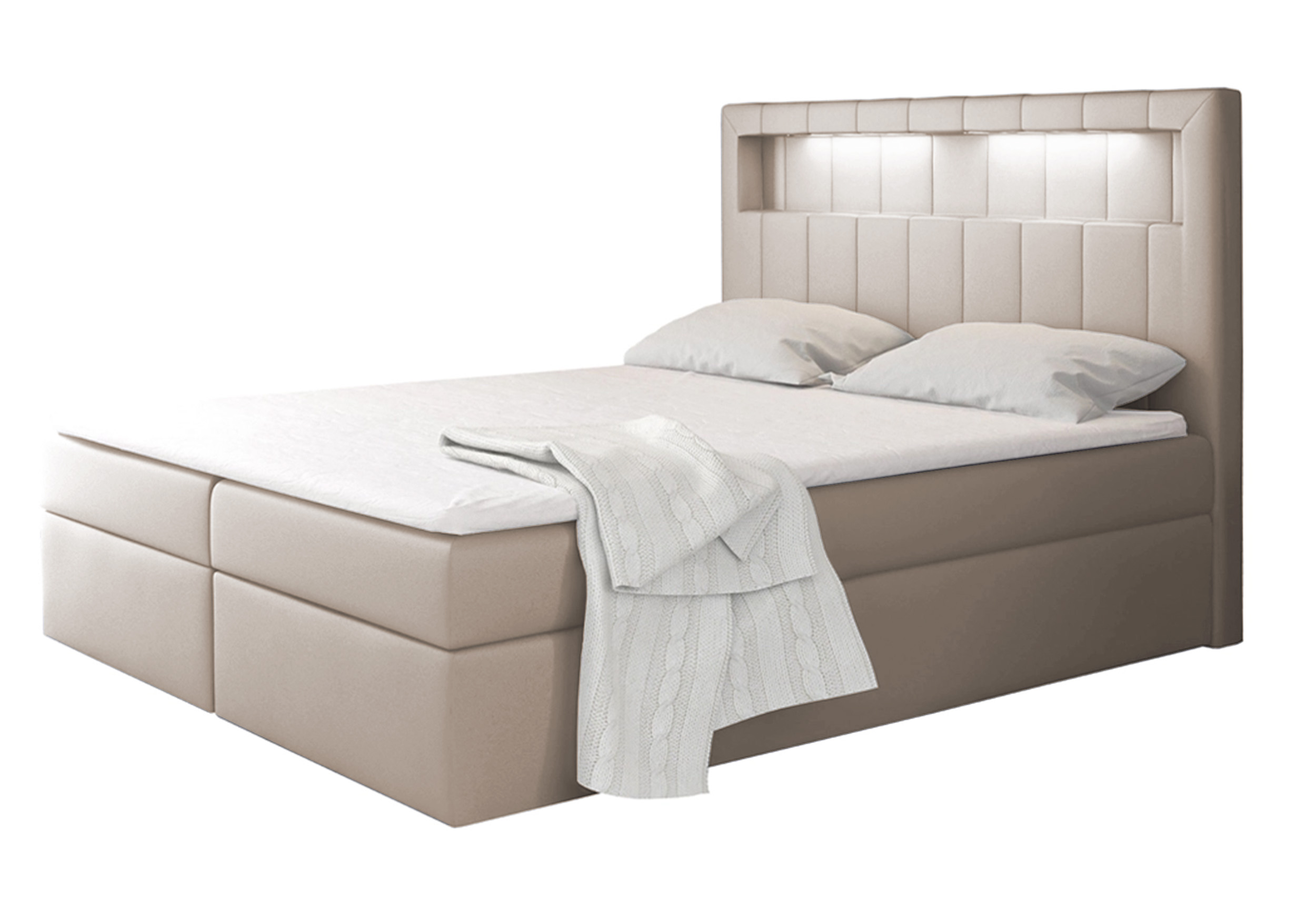 Łóżko kontynentalne Liarchil 180x200 z dwoma pojemnikami, materacem i topperem beżowe hydrofobowe - zdjęcie 1