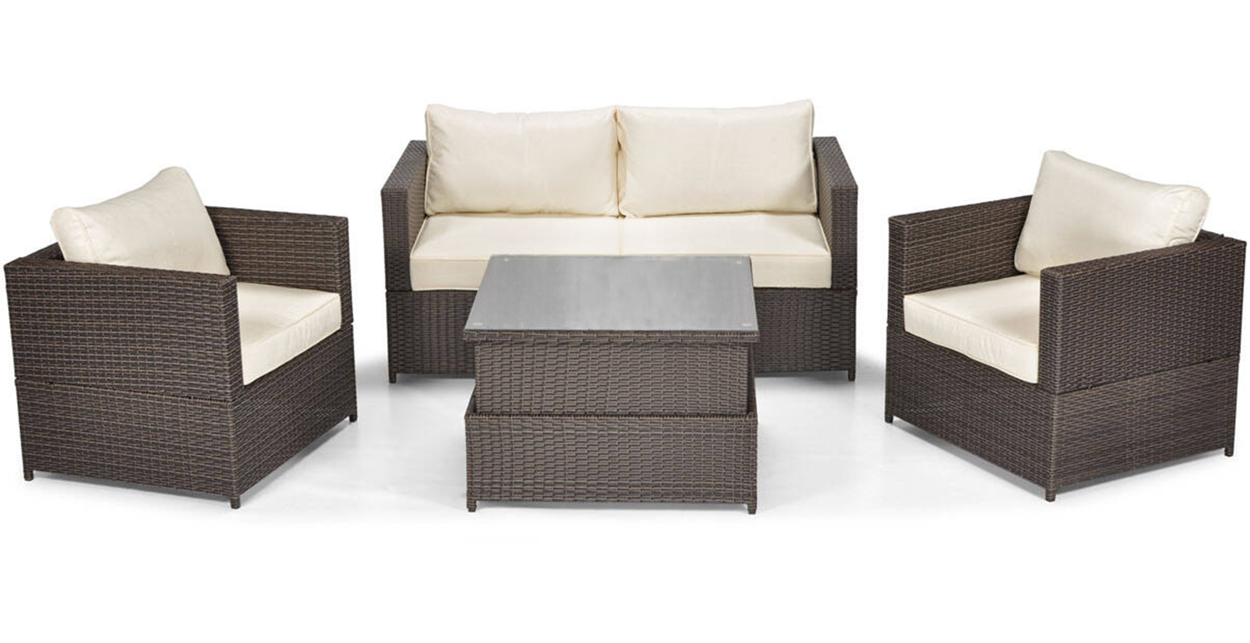 Zestaw mebli ogrodowych Cllands z sofą, dwoma fotelami i podnoszonym stolikiem technorattan czteroosobowy brązowy - zdjęcie 1