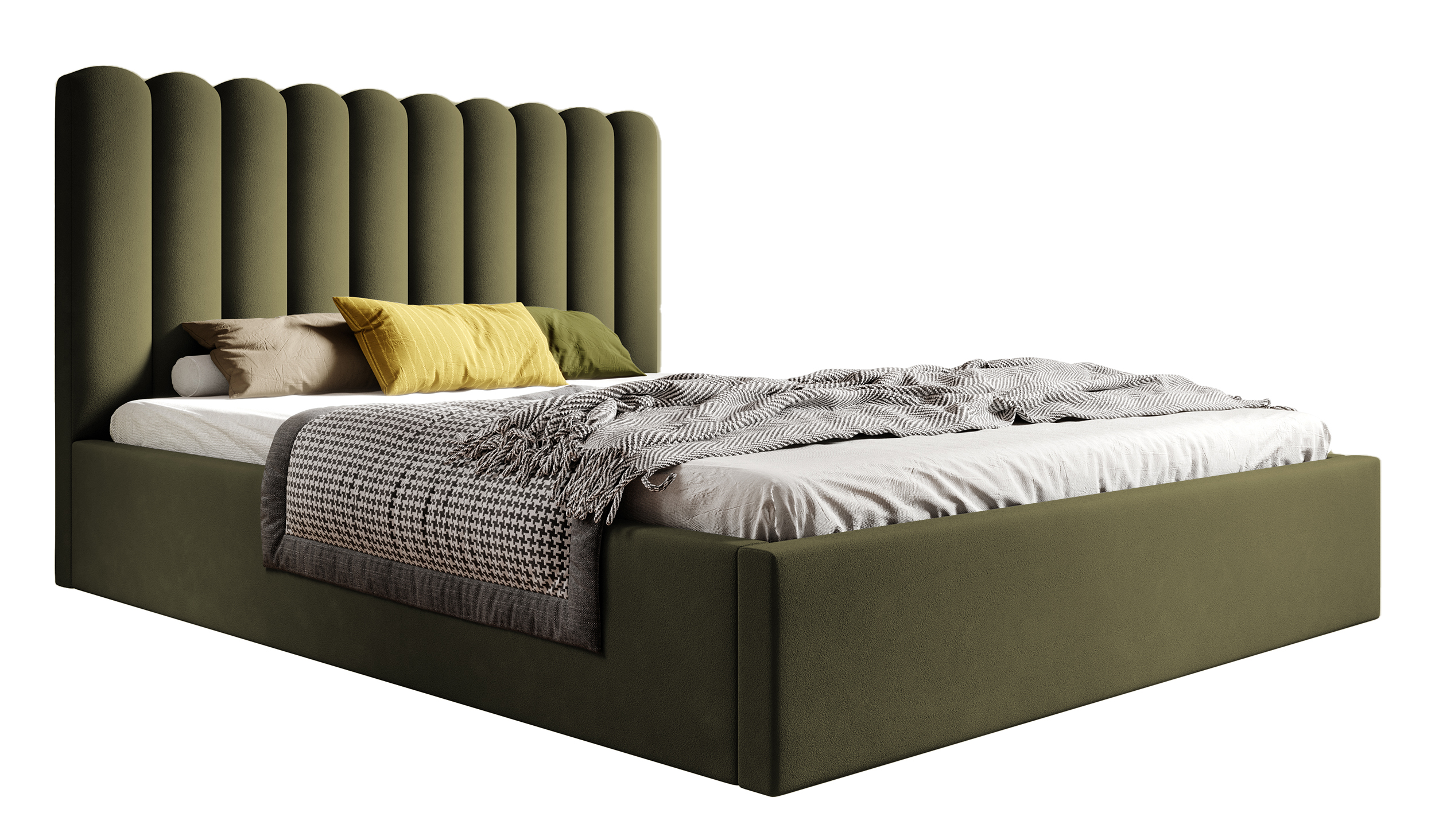 Łóżko tapicerowane Motoba 160x200 cm z pojemnikiem oliwkowe welur stelaż drewniany