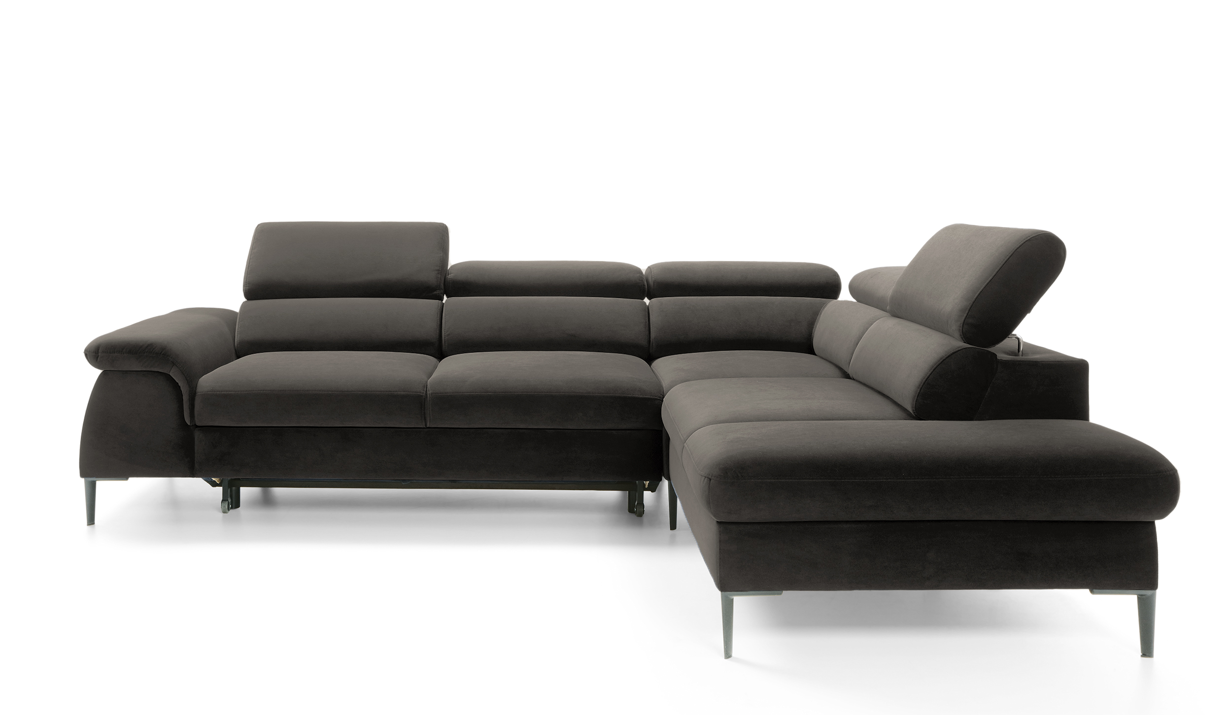 Narożnik z funkcją spania Naverro L-kształtny z pojemnikiem ciemnoszary velvet hydrofobowy prawostronny