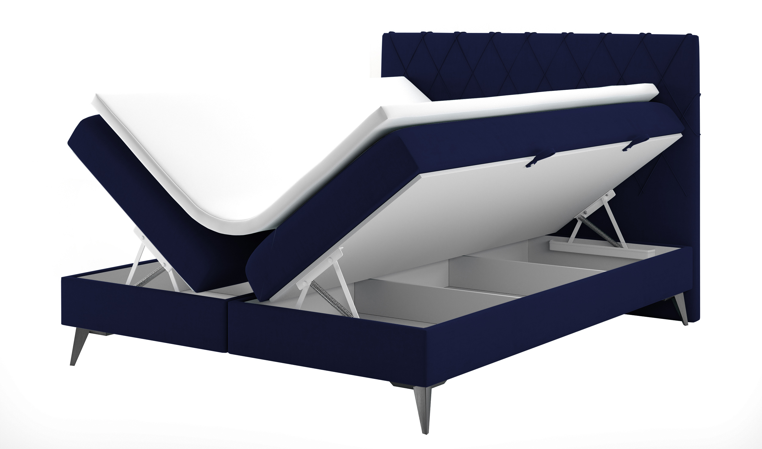 Łóżko kontynentalne 160x200 cm Welagano z pojemnikami i topperem granatowe welur hydrofobowy