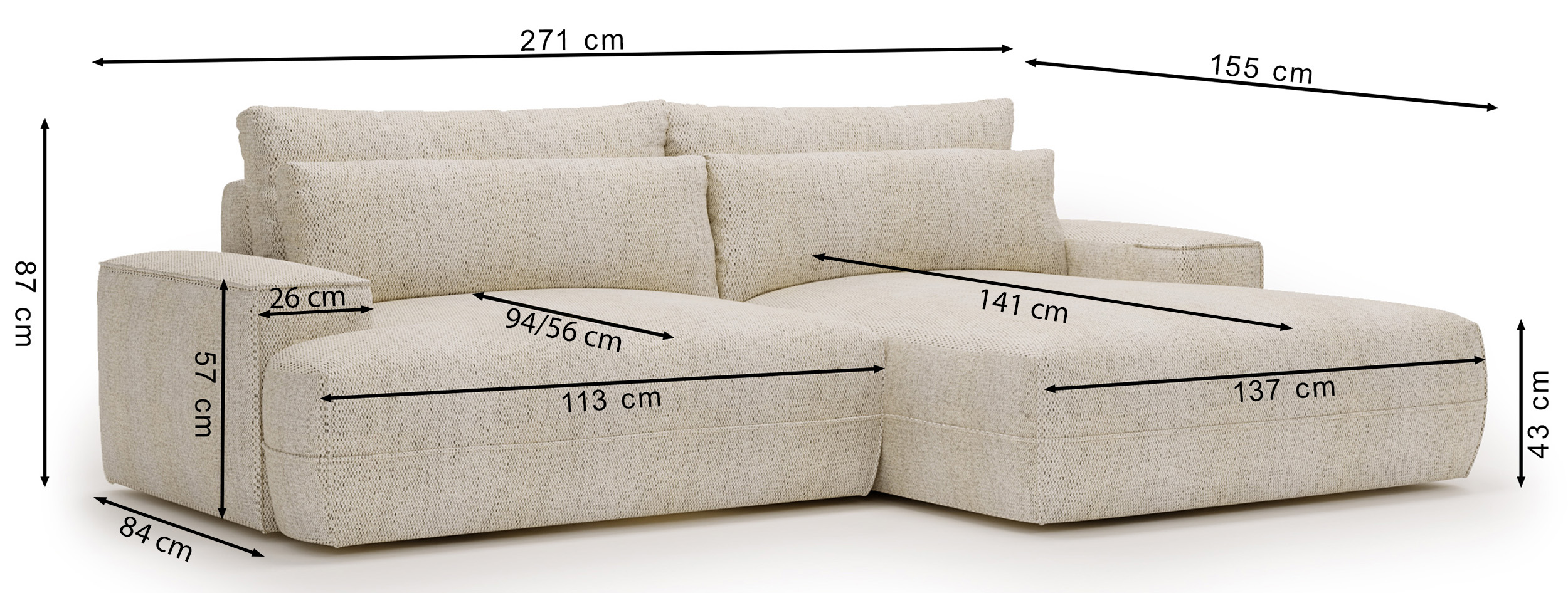 Narożnik z funkcją spania Frenno L-kształtny z pojemnikiem khaki