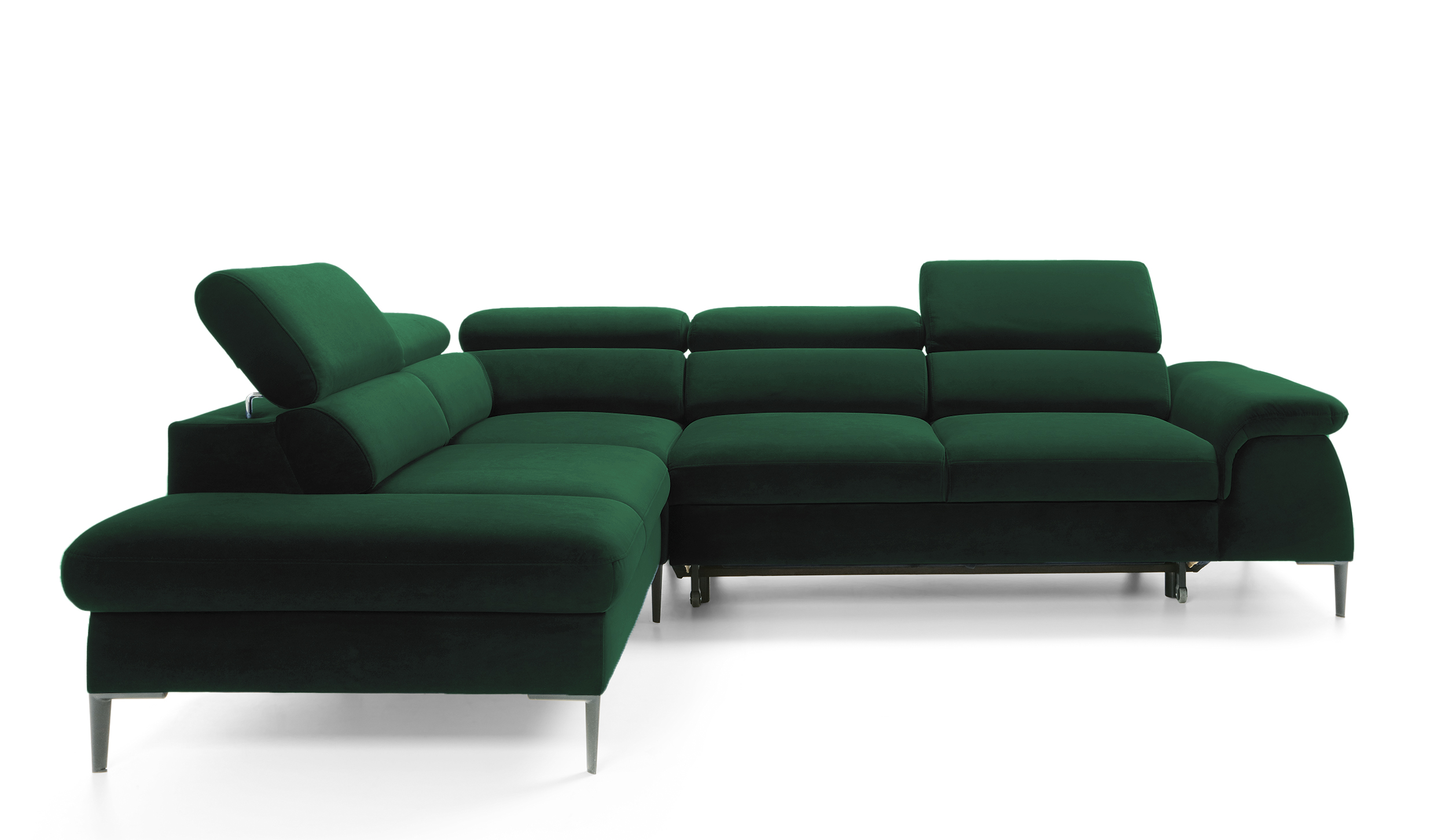 Narożnik z funkcją spania Naverro L-kształtny z pojemnikiem zielony velvet hydrofobowy lewostronny