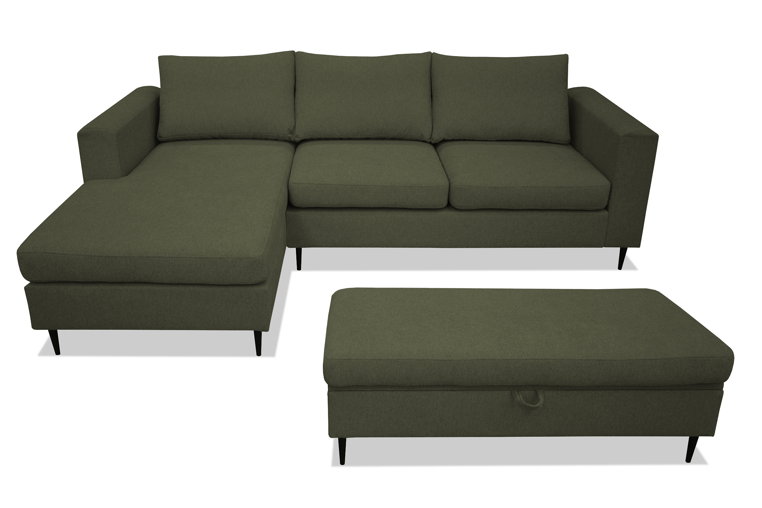 Narożnik z funkcją spania Barbiano z pufą oliwkowy plecionka hydrofobowa lewostronny - zdjęcie 1