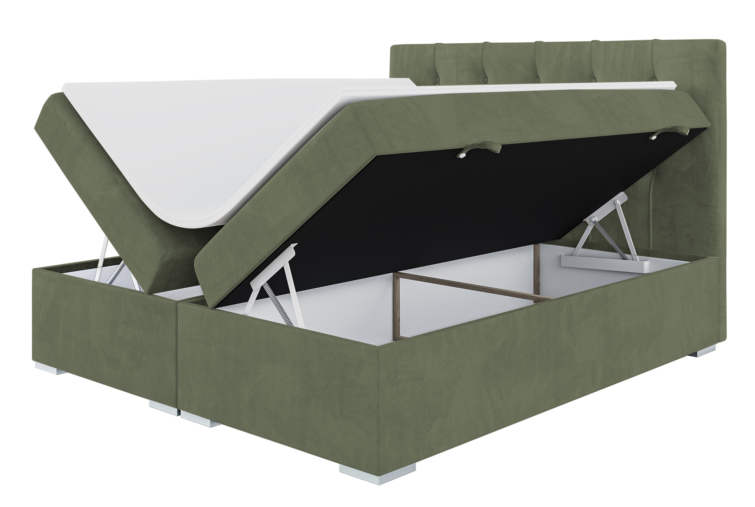 Łóżko kontynentalne 140x200 cm Lubekka z pojemnikami i topperem oliwkowe welur hydrofobowy - zdjęcie 1