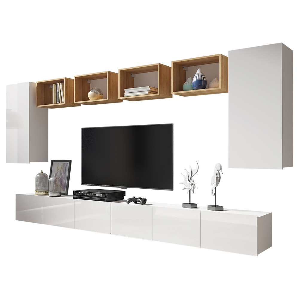 Meblościanka Kirdon duża z czterema otwartymi półkami i dwiema zamkniętymi Biały / Dąb złoty - zdjęcie 1