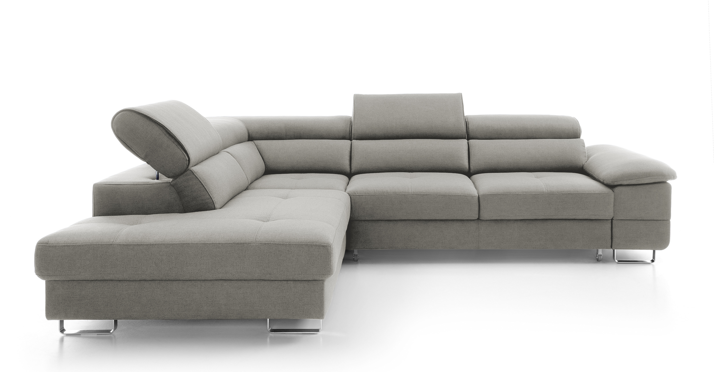 Narożnik z funkcją spania Lardos z pojemnikiem szary w tkaninie hydrofobowej plecionka prawostronny