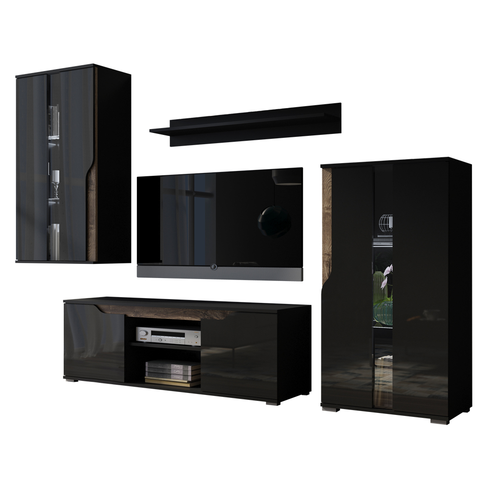 Meblościanka Promina z dwiema witrynami Czarny mat / Czarny połysk / Dąb monastery  - zdjęcie 1