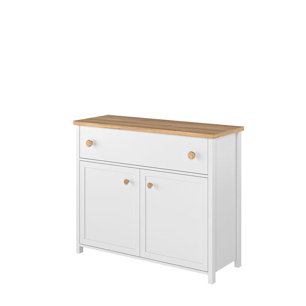 Komoda z szufladą Story 90 cm i zamykanymi schowkami biała - dąb nash - zdjęcie 1