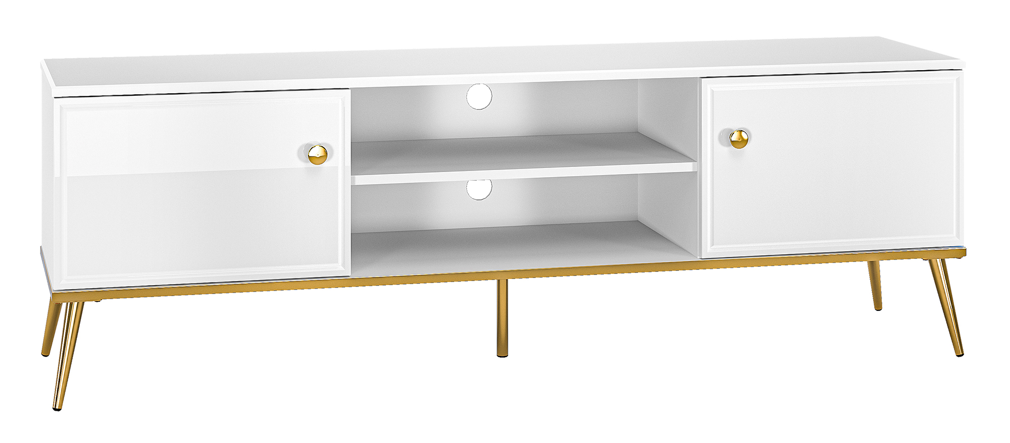 Szafka RTV Darrby 160 cm biała/biały połysk ze złotymi nogami - zdjęcie 1