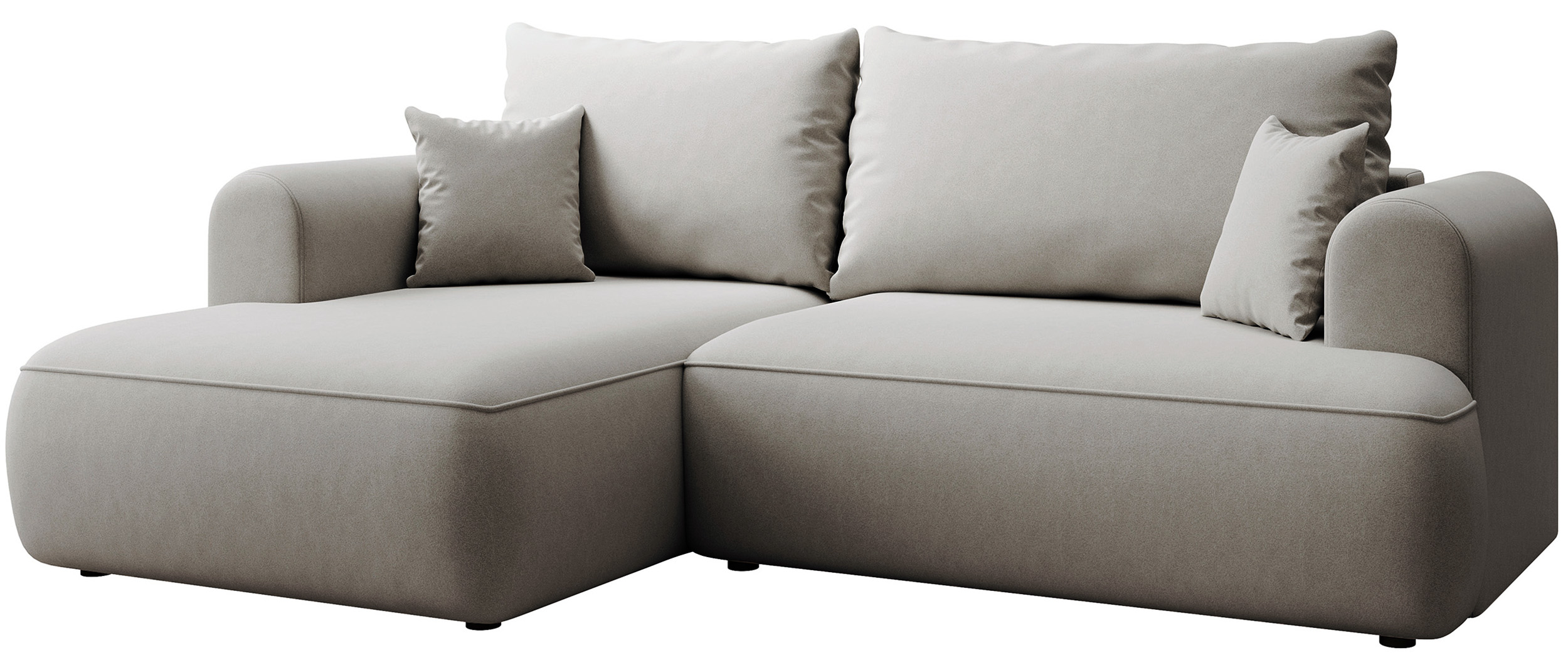 Szary narożnik Ovo mini L-kształtny z funkcją spania i pojemnikiem na pościel.