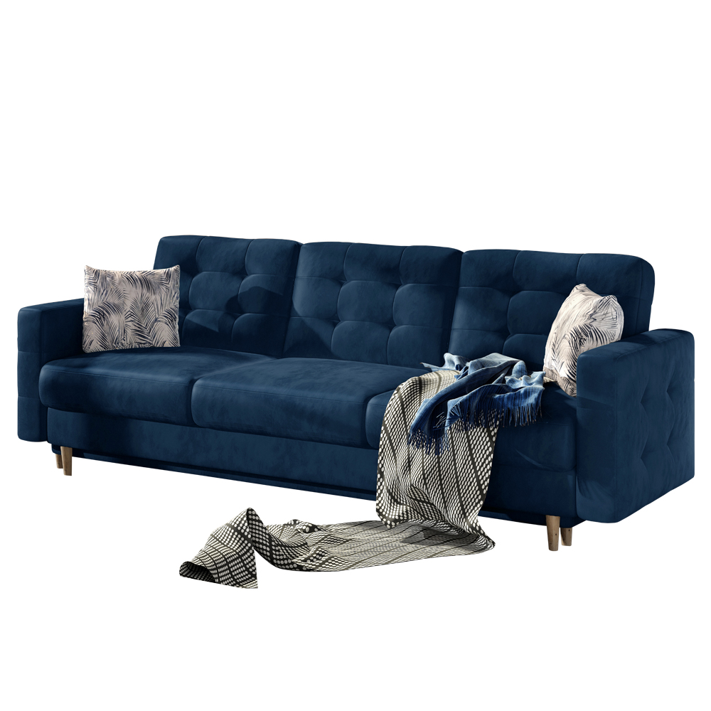 Kanapa rozkładana trzyosobowa Masime z pojemnikiem granatowa welwet hydrofobowy z poduszkami z roślinnym motywem - zdjęcie 1