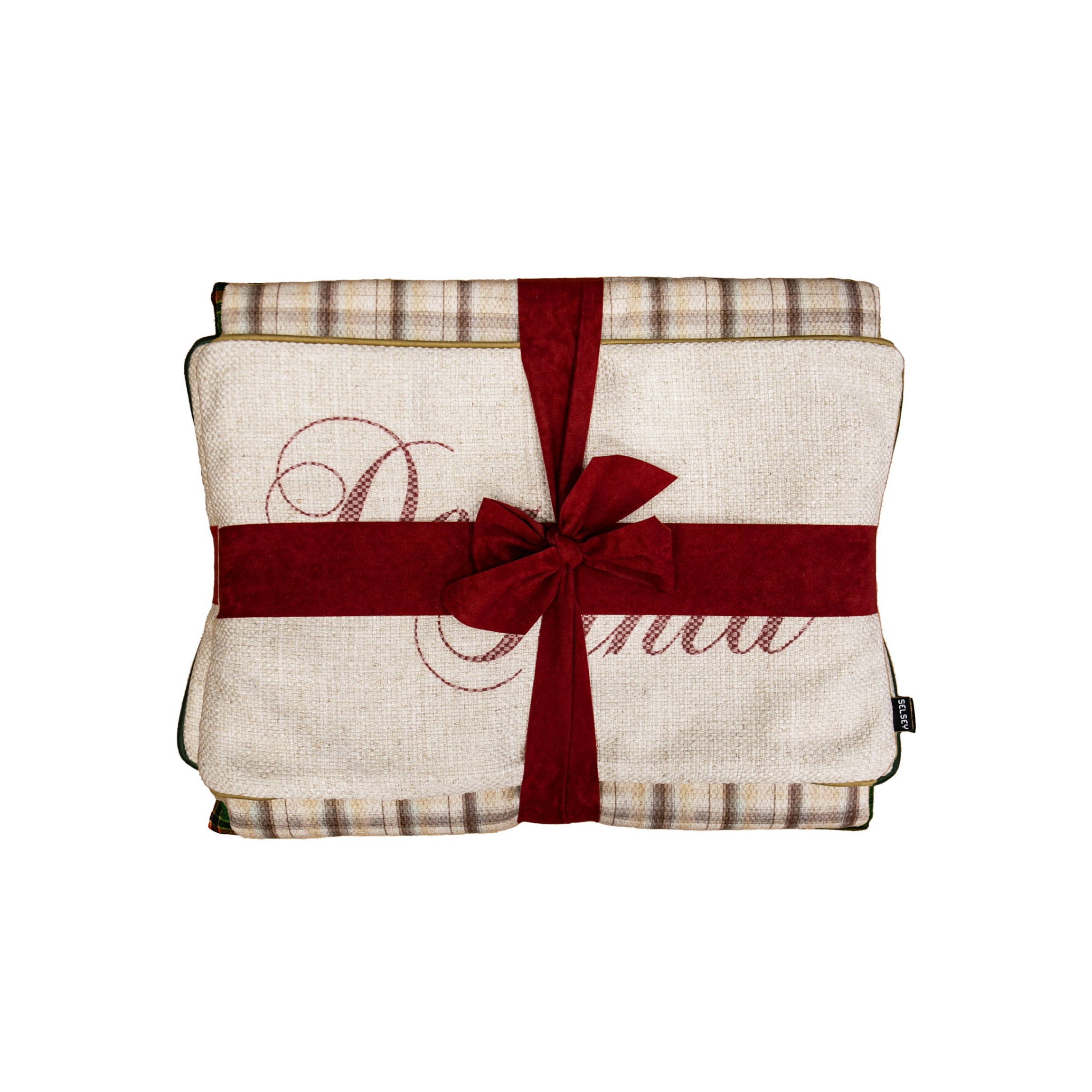 Komplet narzuta beżowa krata i poszewka Dear Santa 30 x 50 cm - zdjęcie 1