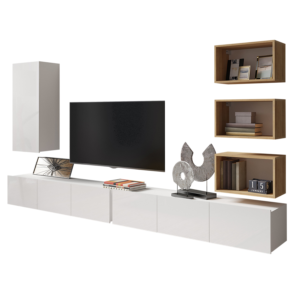 Meblościanka Kirdon z trzema otwartymi półkami i jedną zamkniętą Dąb złoty / Biały  - zdjęcie 1