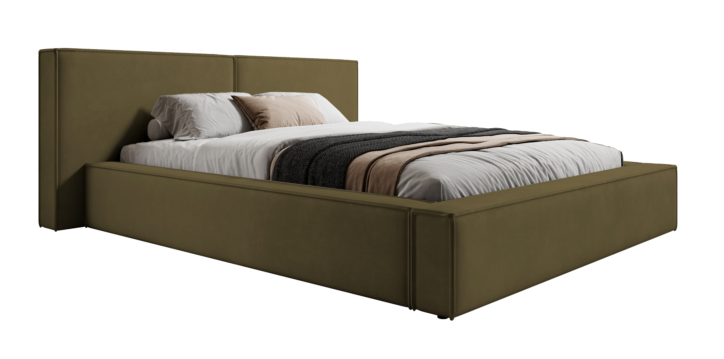 Łóżko tapicerowane 160x200 cm Cabrera z pojemnikiem stelaż metalowy oliwkowe welur - zdjęcie 1