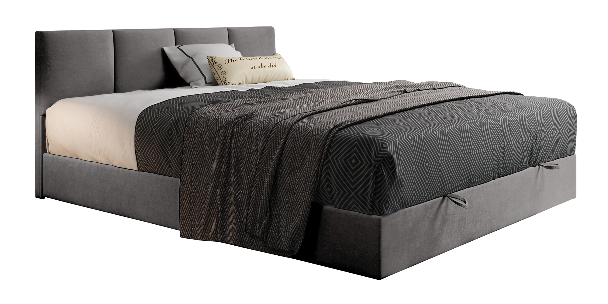 Łóżko kontynentalne 140x200 cm Rekand z pojemnikiem z materacem kieszeniowym i topperem szare welur - zdjęcie 1