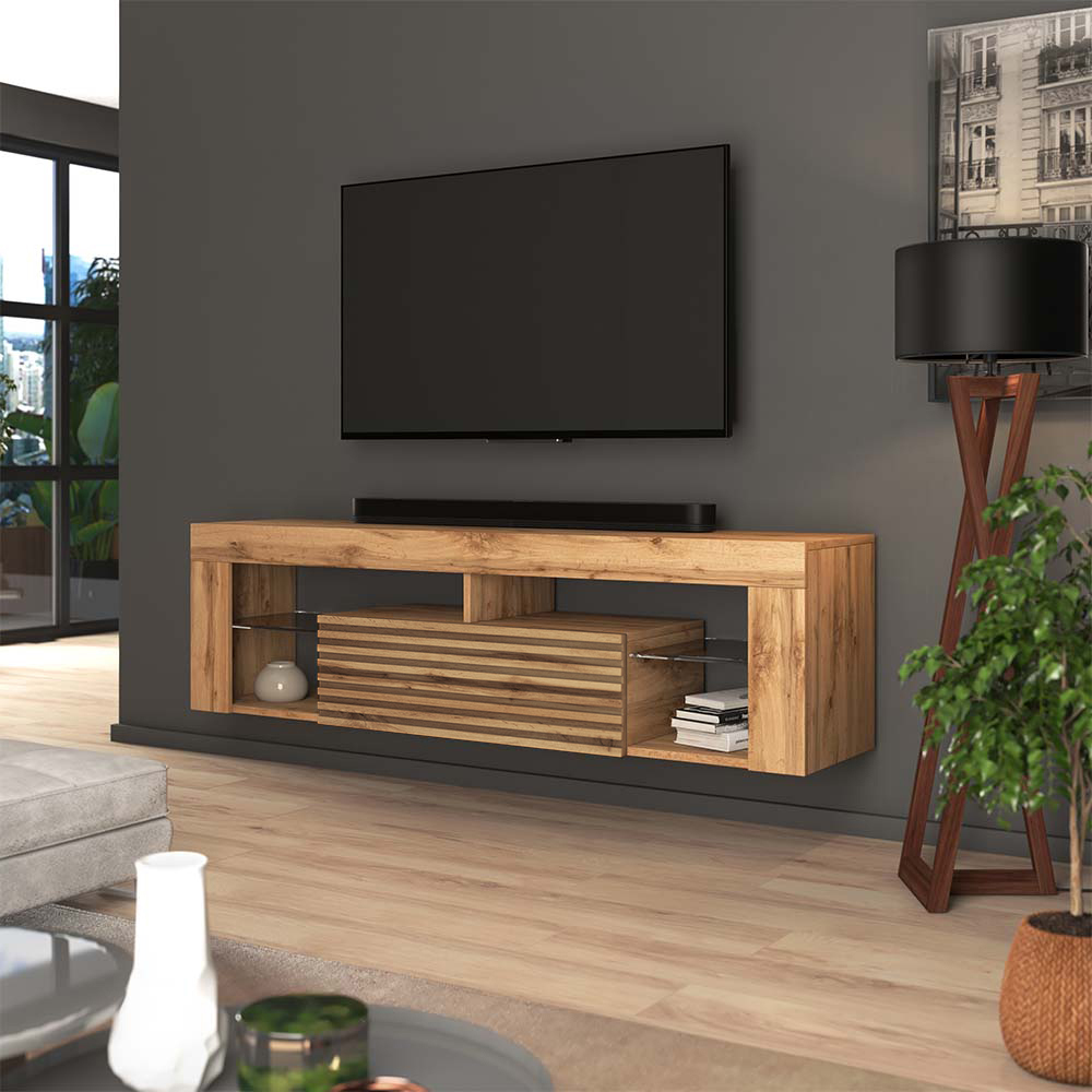 Szafka RTV Bianko 140 cm wisząca front 3D Dąb Wotan