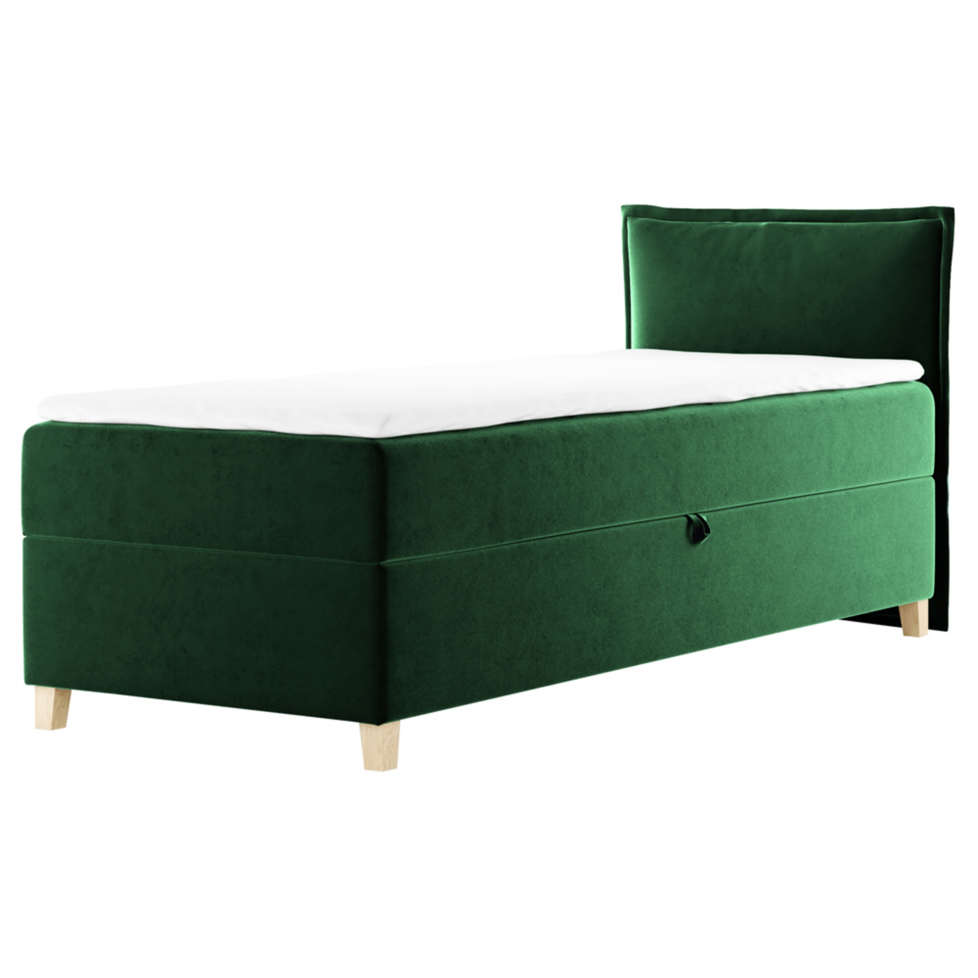 Łóżko kontynentalne 100x200 cm Froncle z pojemnikiem i topperem jednoosobowe zielone prawostronne - zdjęcie 1