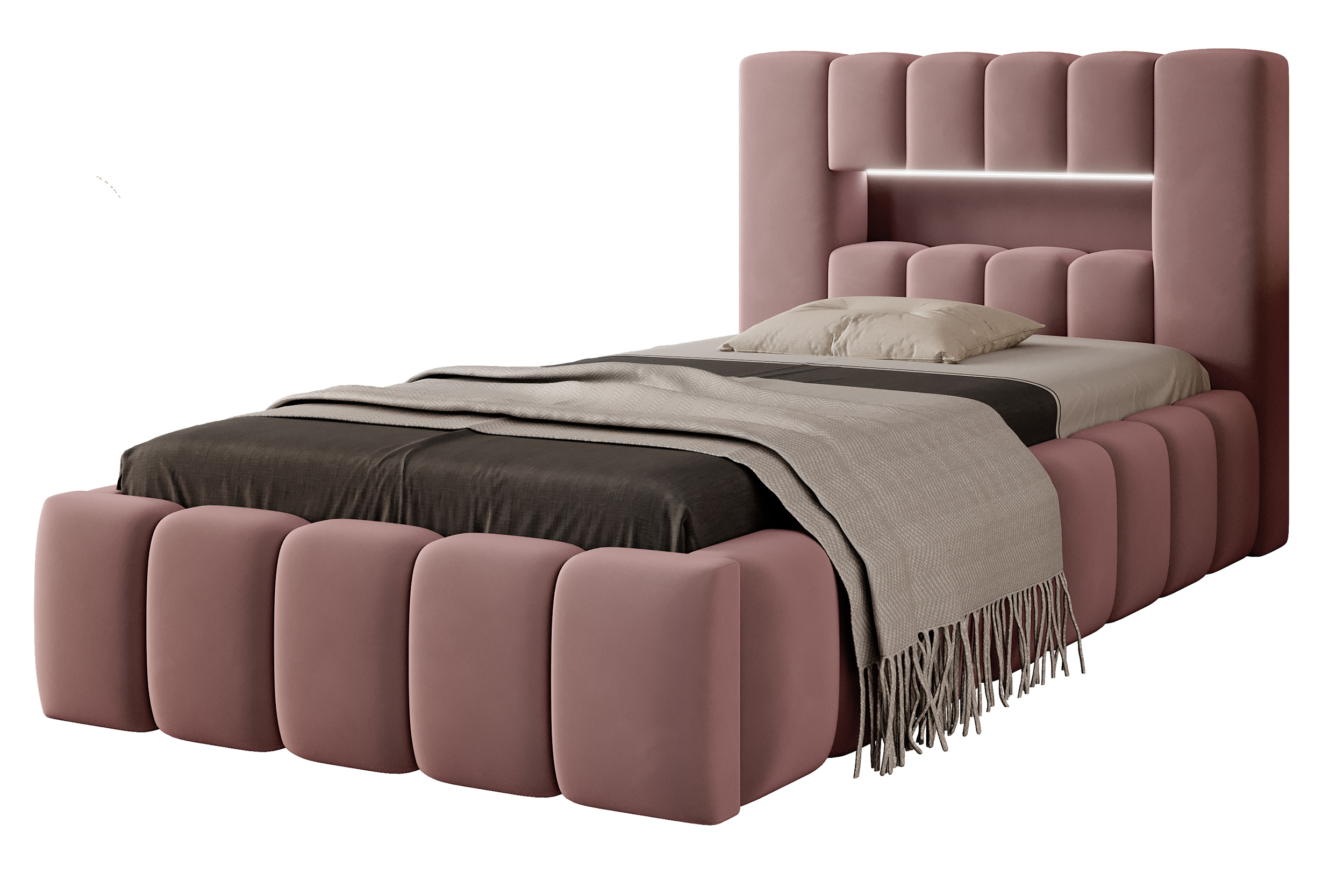 Łóżko tapicerowane 90x200 cm Rodeiro z pojemnikiem i oświetleniem różowe w tkaninie hydrofobowej - zdjęcie 1