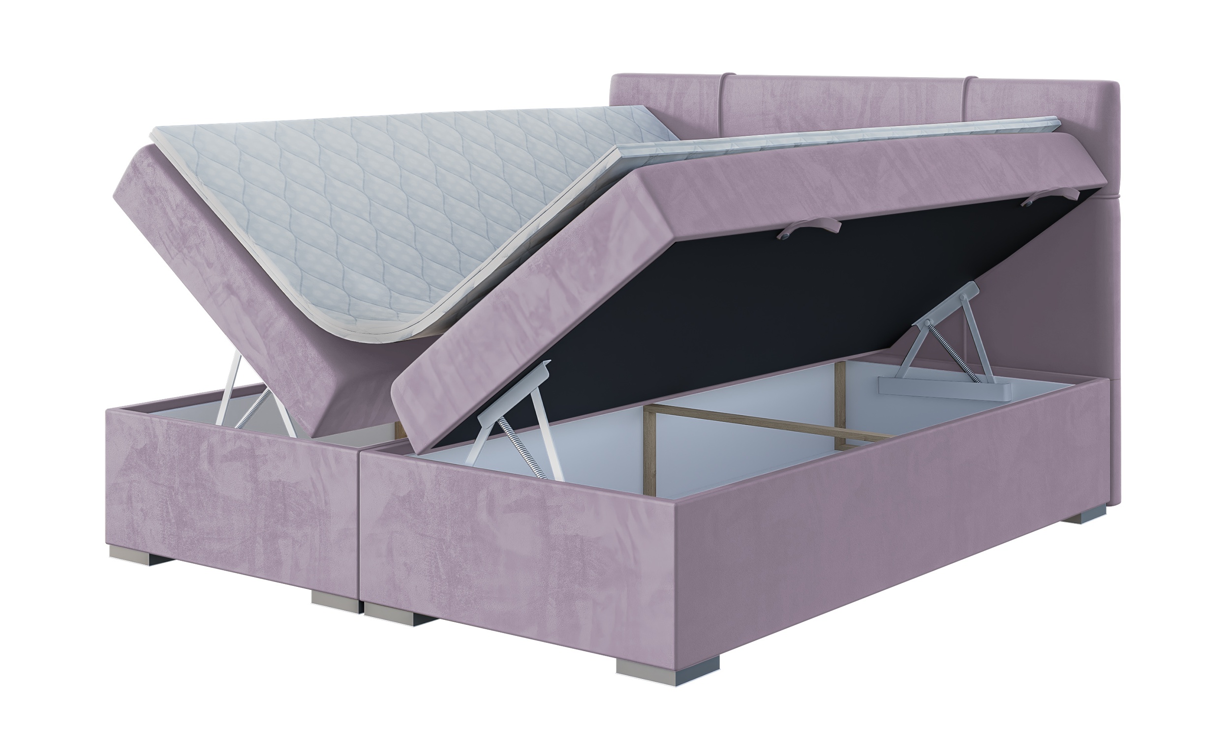 Łóżko kontynentalne 180x200 cm Agnone z pojemnikami i topperem wrzosowe welur hydrofobowy