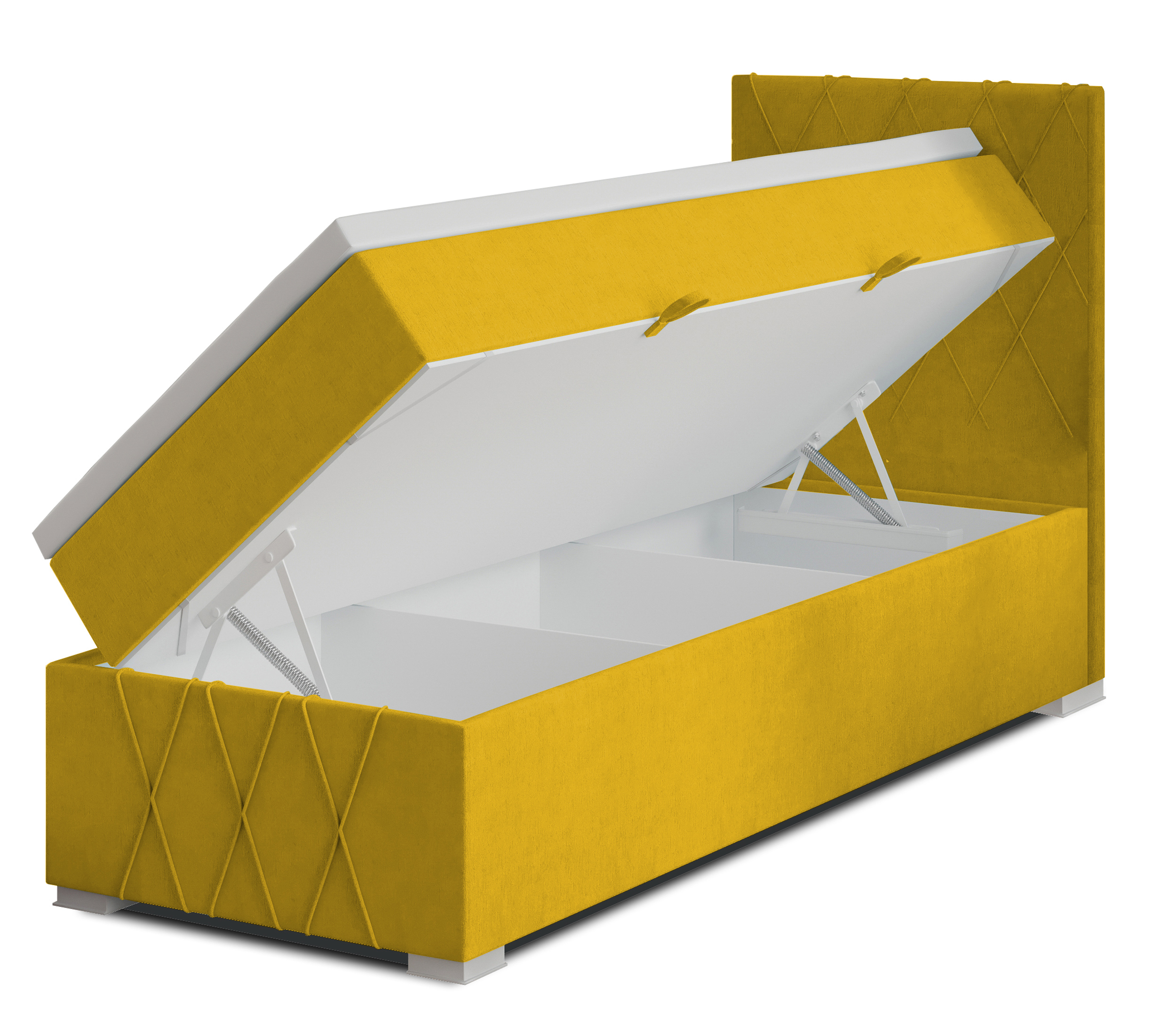 Łóżko kontynentalne 90x200 cm Segarati z pojemnikiem i topperem jasnomusztardowe welur hydrofobowy prawostronne