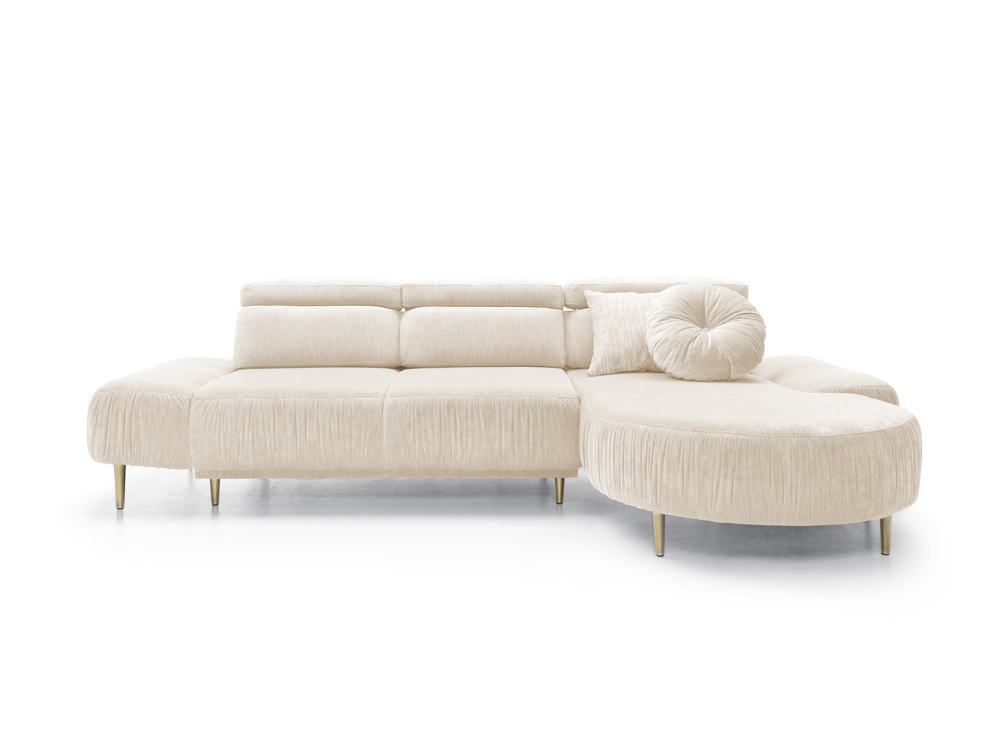 Narożnik z funkcją spania Portaris L-kształtny z elektrycznie wysuwanym siedziskiem i regulowanym zagłówkiem beżowy velvet łatwoczyszczący prawostronny - zdjęcie 1