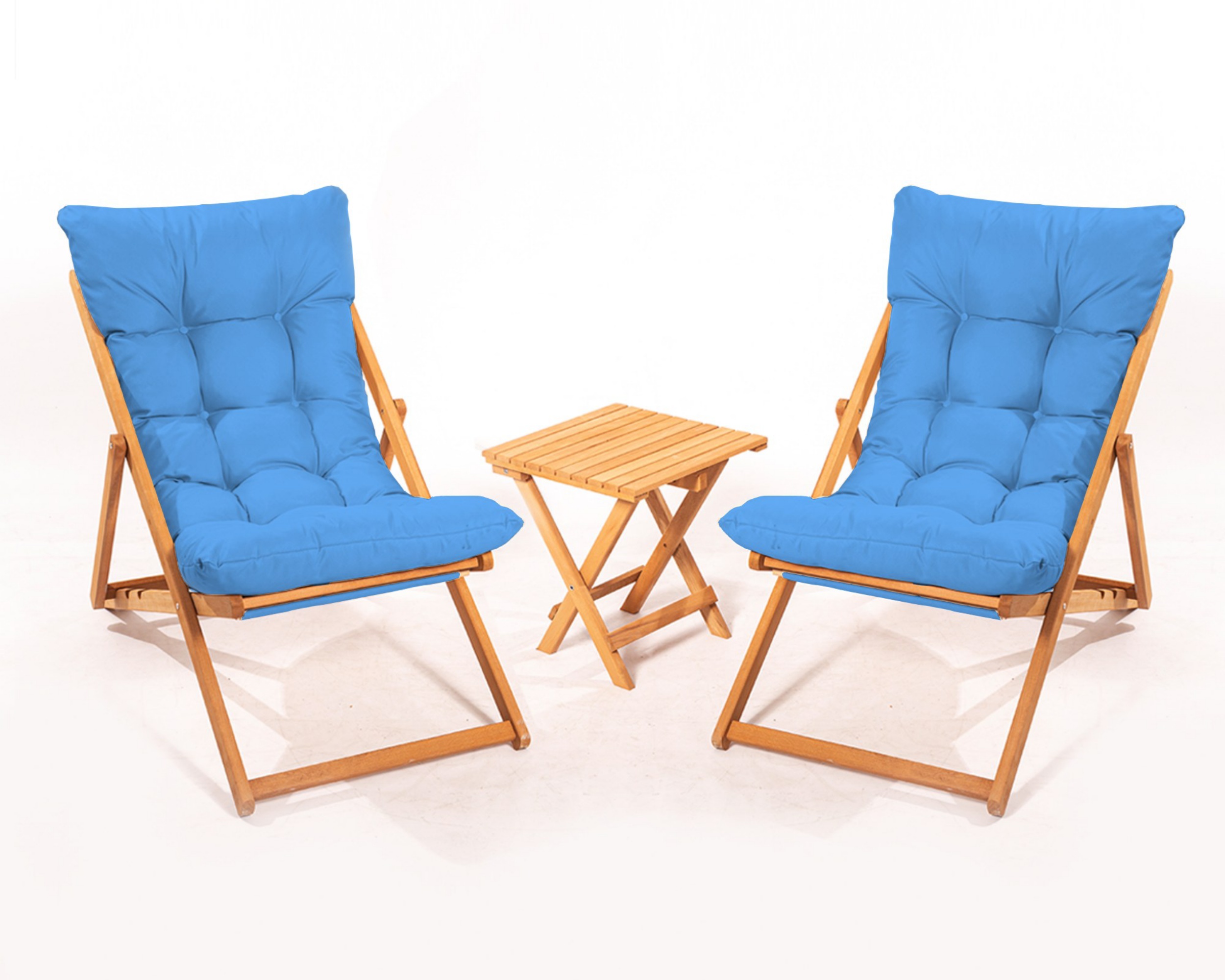Zestaw drewnianych leżaków ogrodowych Bertive i stolika/ niebieskie poduchy - zdjęcie 1