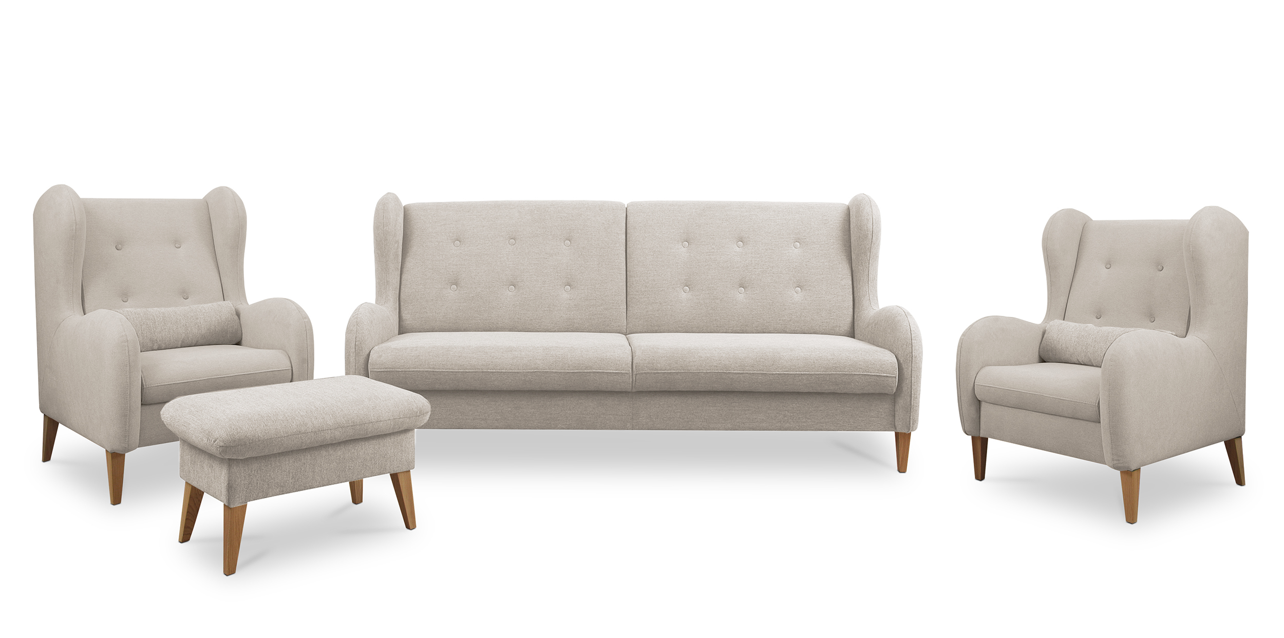 Komplet wypoczynkowy Grimmu wersalka, dwa fotele i podnóżek jasnobeżowy w tkaninie hydrofobowej welur nogi jasne drewno - zdjęcie 1