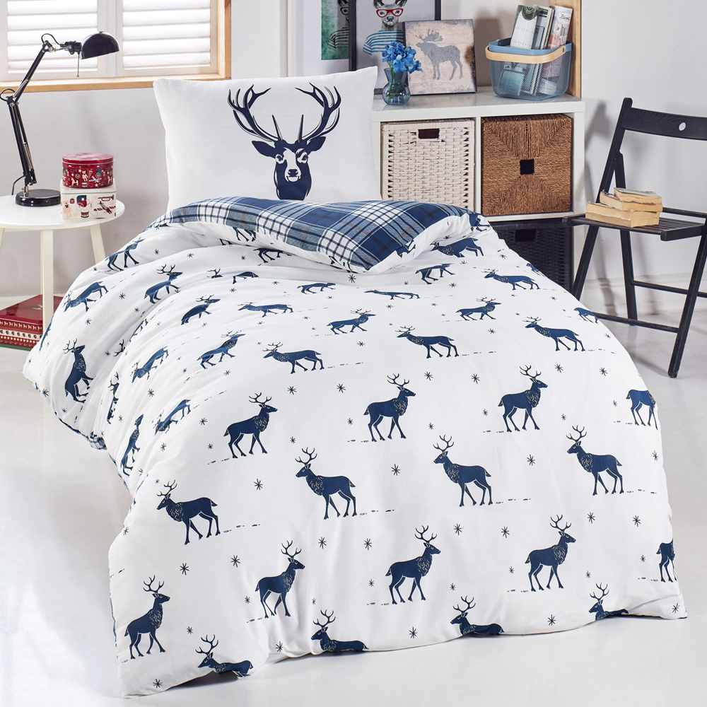 Pościel Jaset 140x200 cm z motywem renifera biało-granatowa - zdjęcie 1