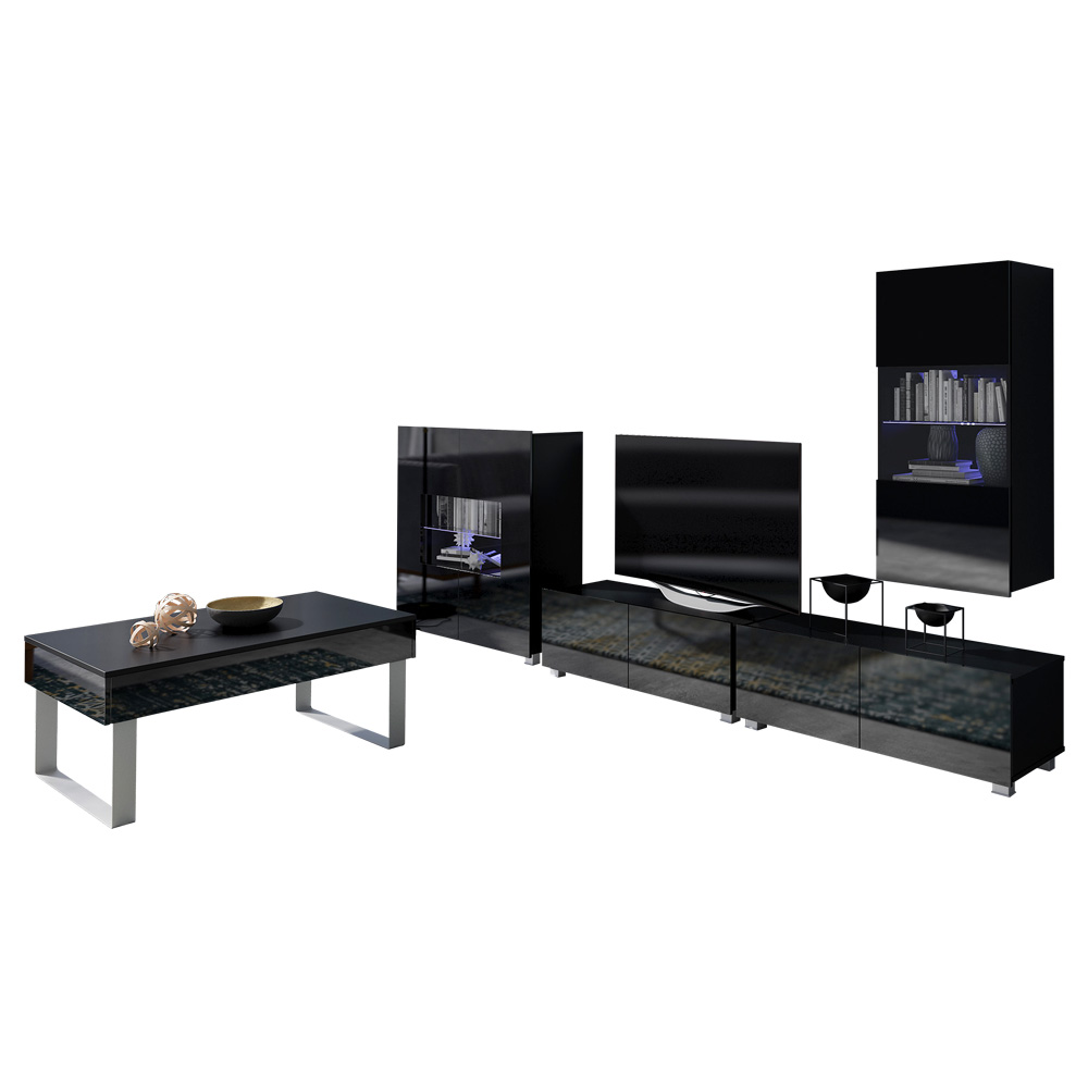 Meblościanka Kirdon z komodą i ławą Czarny mat / Czarny połysk  - zdjęcie 4