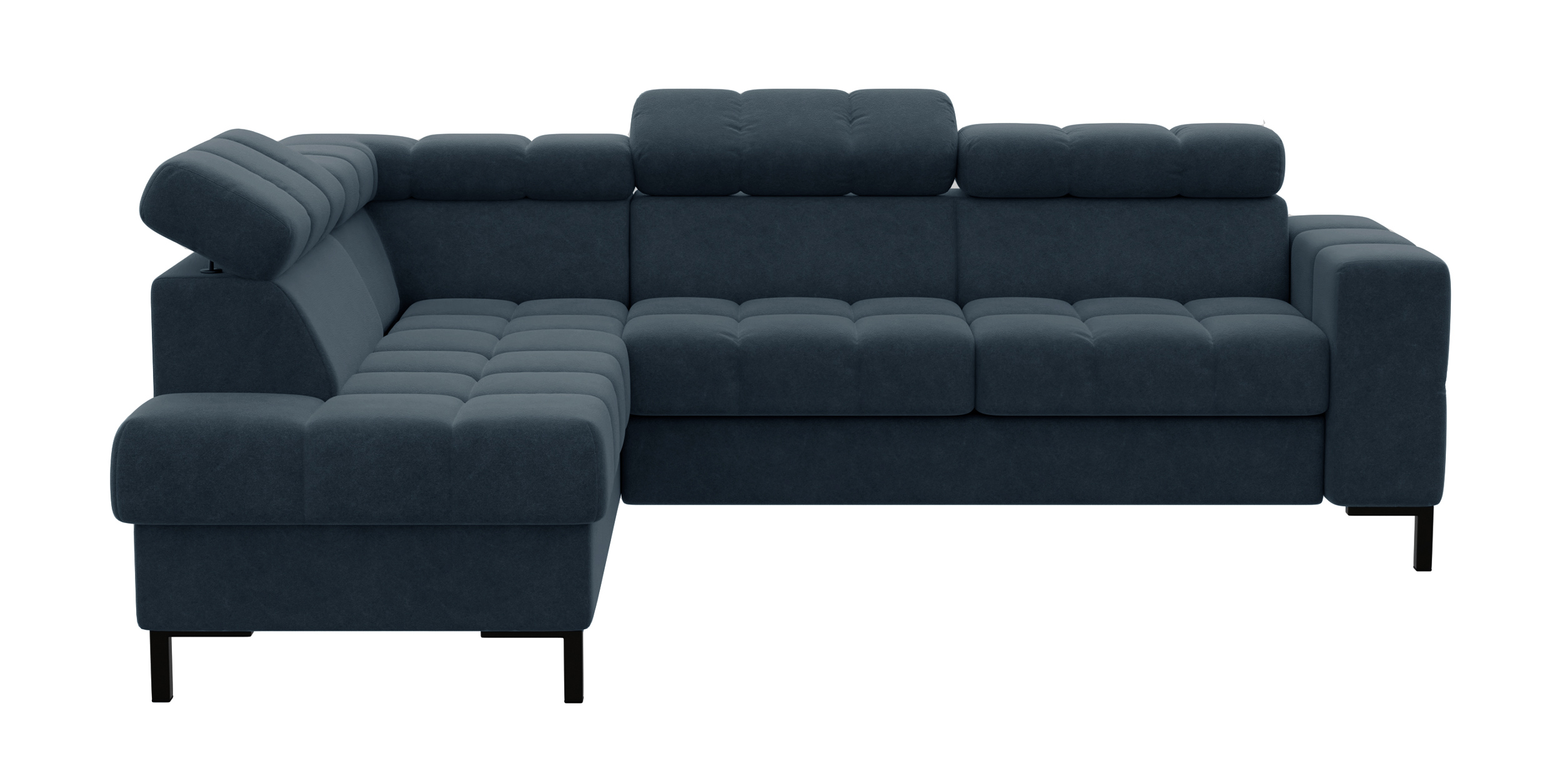 Narożnik z funkcją spania Talamanca L-kształtny z pojemnikiem i regulowanymi zagłówkami granatowy w tkaninie łatwoczyszczącej lewostronny - zdjęcie 1