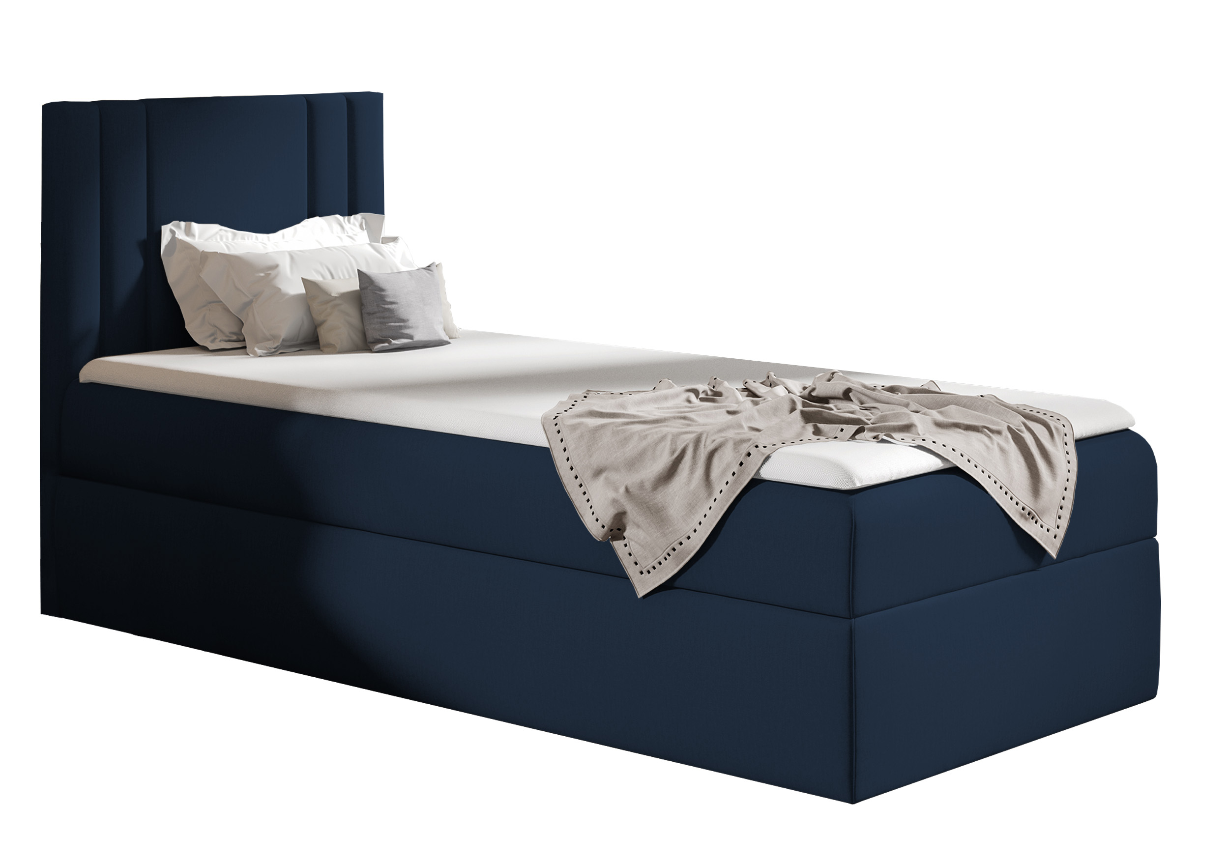 Łóżko kontynentalne jednosobowe Dulmo Mini 100x200 cm z pojemnikiem i topperem granatowe hydrofobowe lewostronne - zdjęcie 1