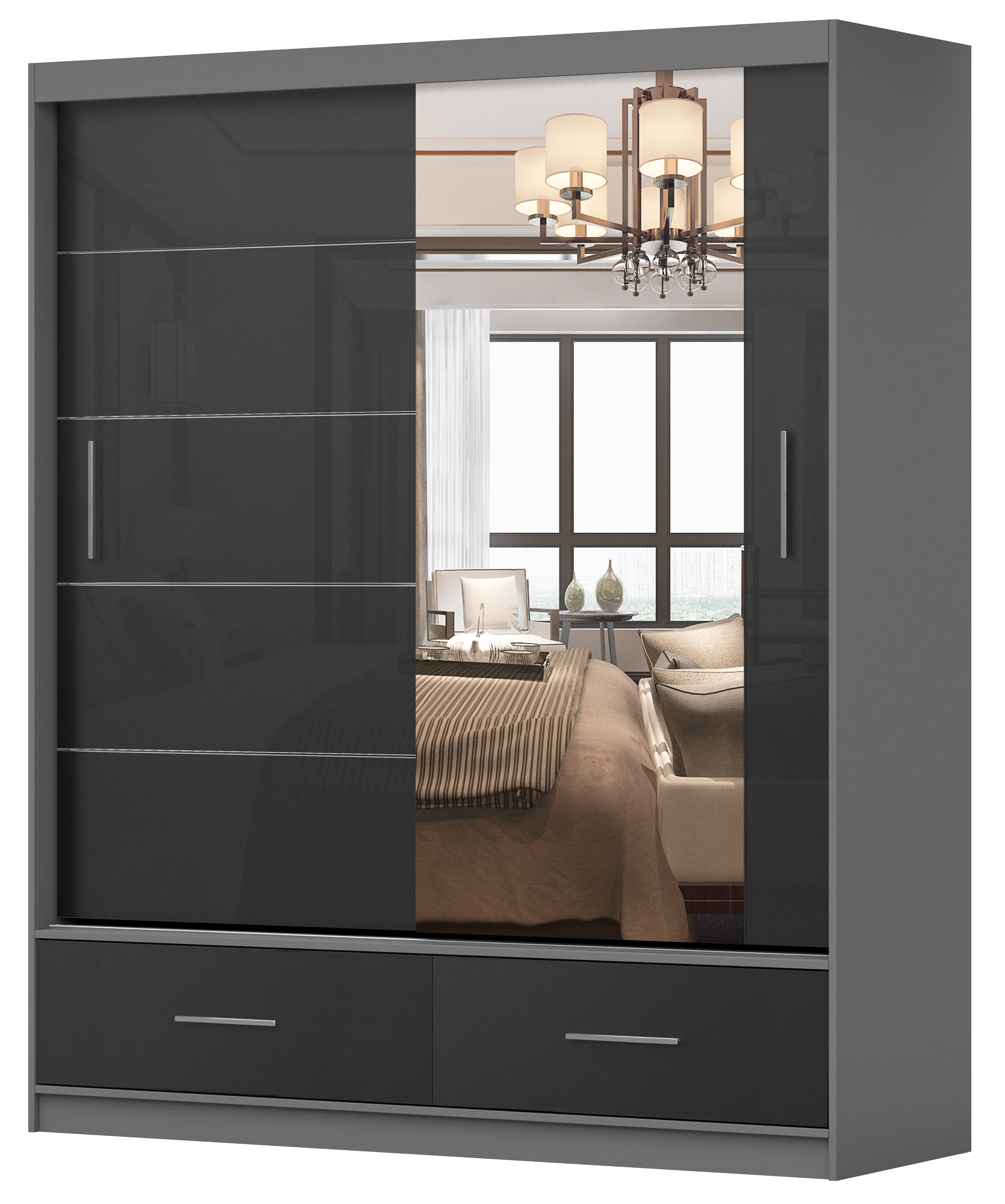 Szafa przesuwna Follrina 150 cm z lustrem szara/czarny połysk - zdjęcie 1