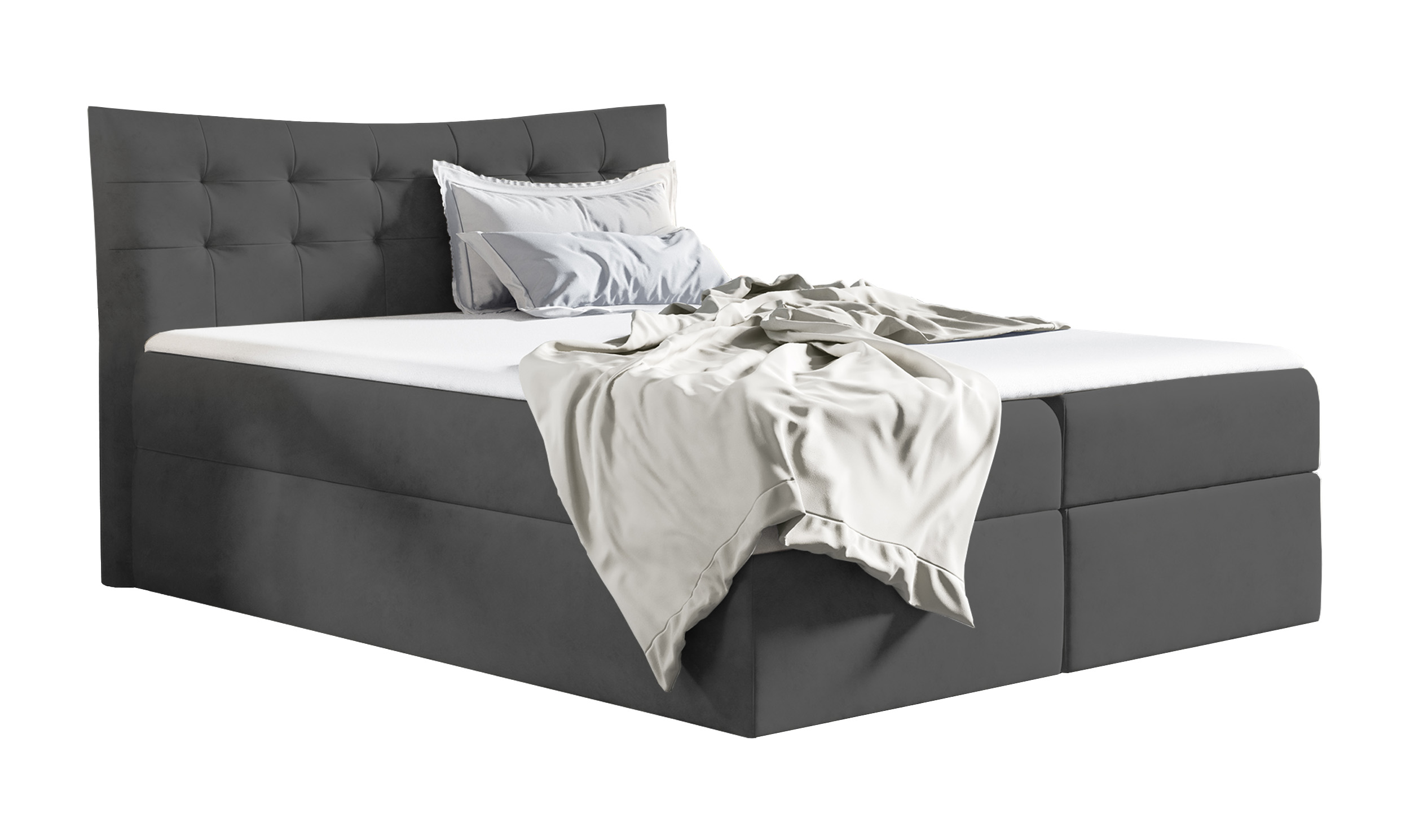 Łóżko kontynentalne Ramblano 160x200 z dwoma pojemnikami, materacem i topperem ciemnoszare hydrofobowe - zdjęcie 1