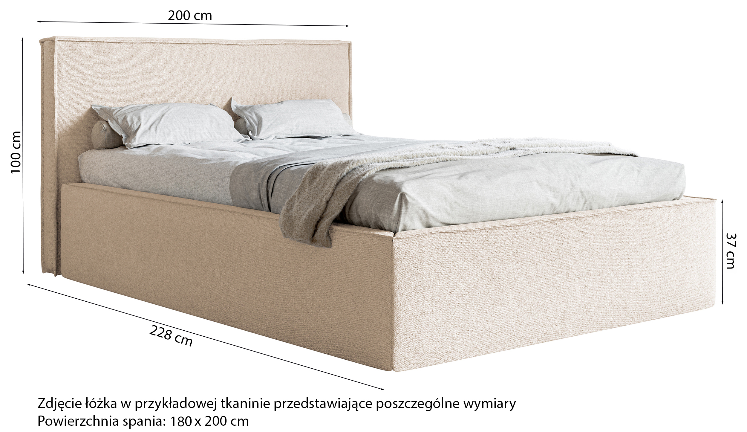 Łóżko tapicerowane 180x200 cm Lucera z pojemnikiem kremowe szenil