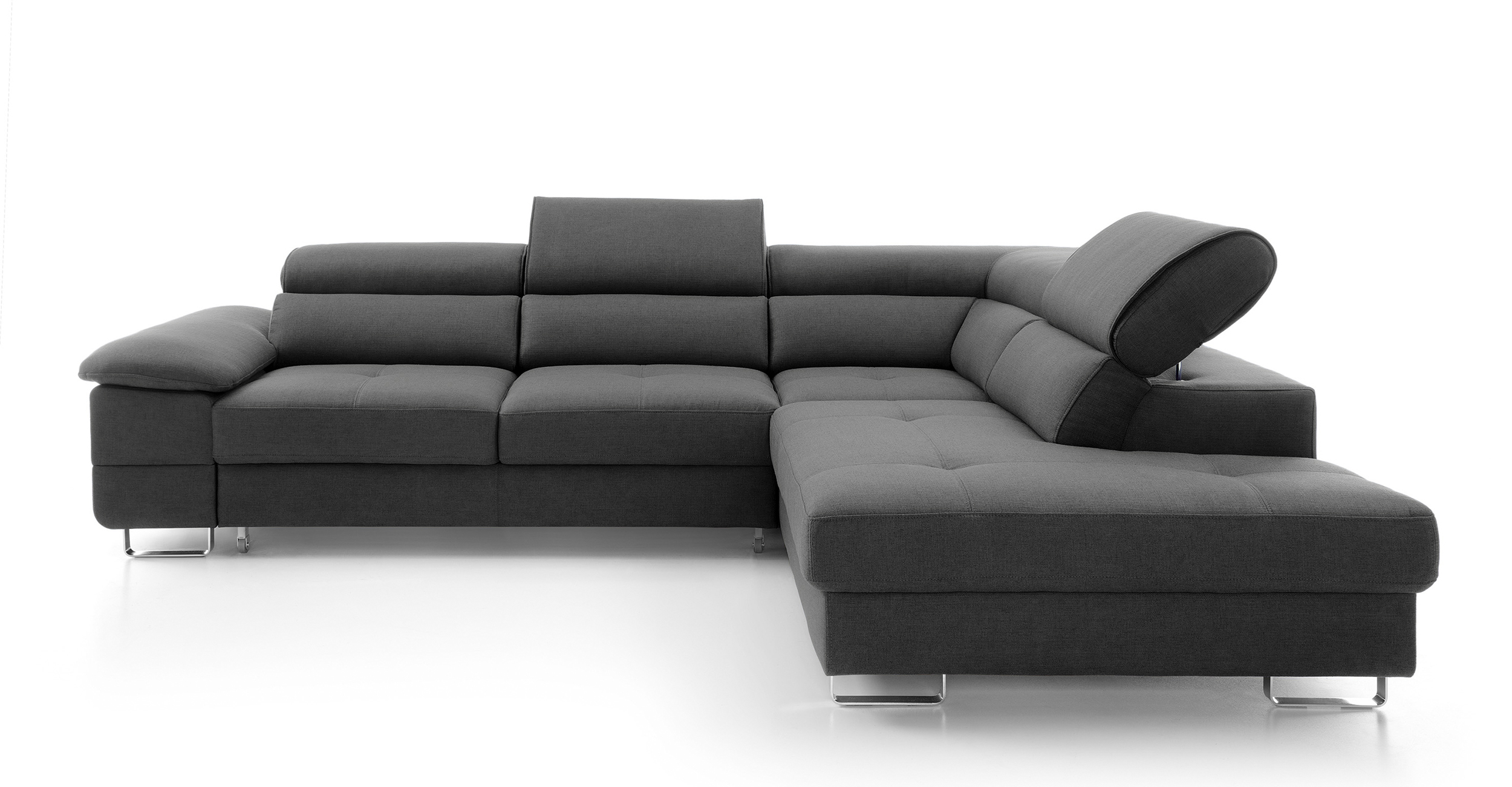 Narożnik z funkcją spania Lardos z pojemnikiem ciemnoszary w tkaninie hydrofobowej plecionka lewostronny