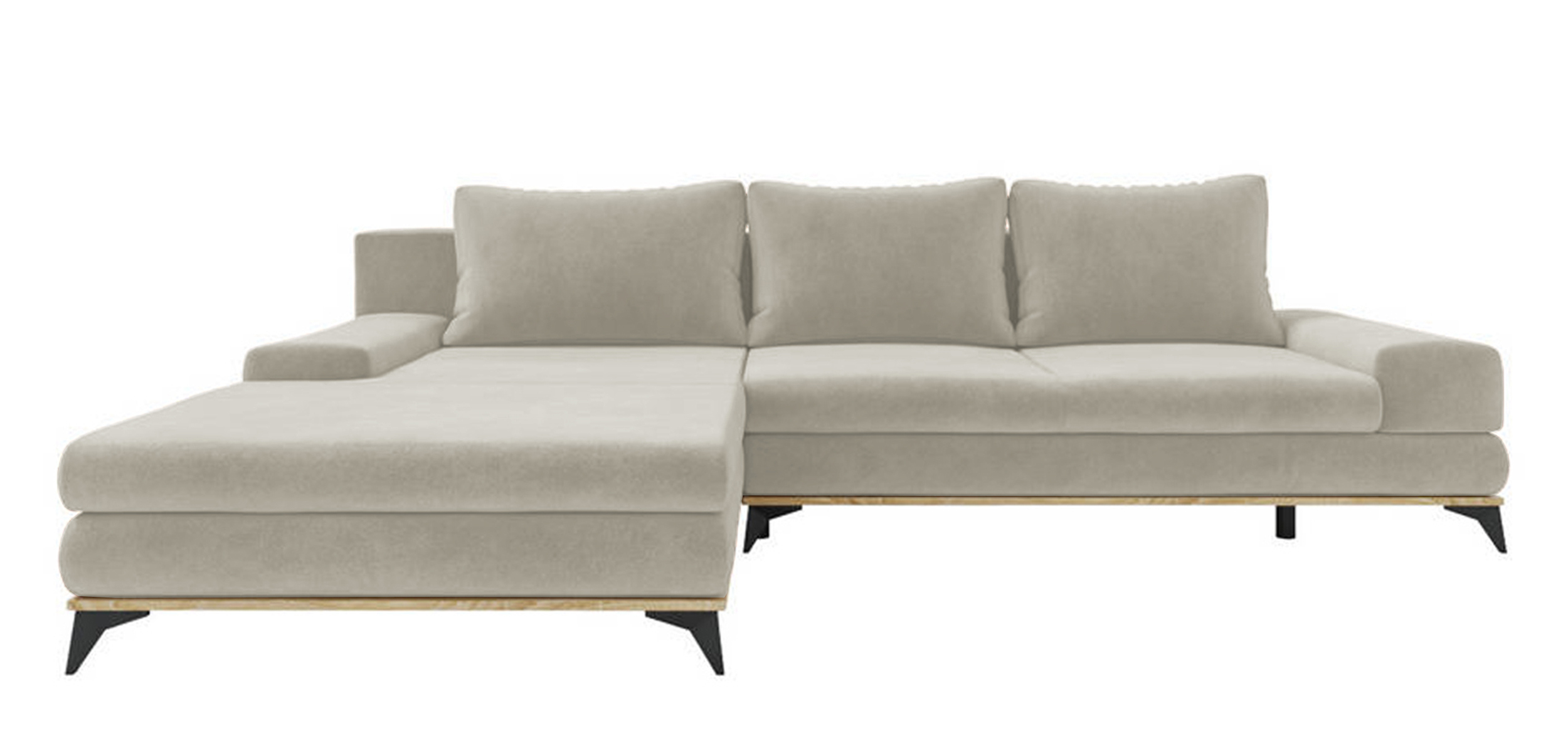 Narożnik z funkcją spania Stoverto L-kształtny z pojemnikiem beżowy w tkaninie hydrofobowej prawostronny