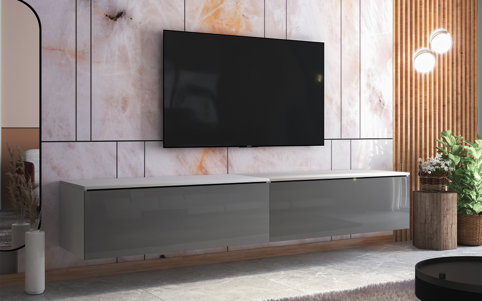 Szafka RTV Skylara 200 cm Biały mat / szary połysk