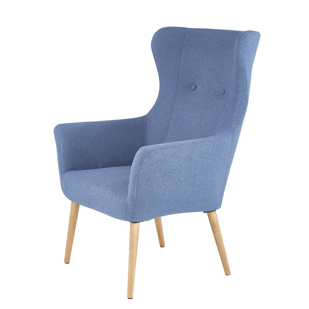 Fotel Emifban na drewnianych nogach - niebieskie tapicerowanie