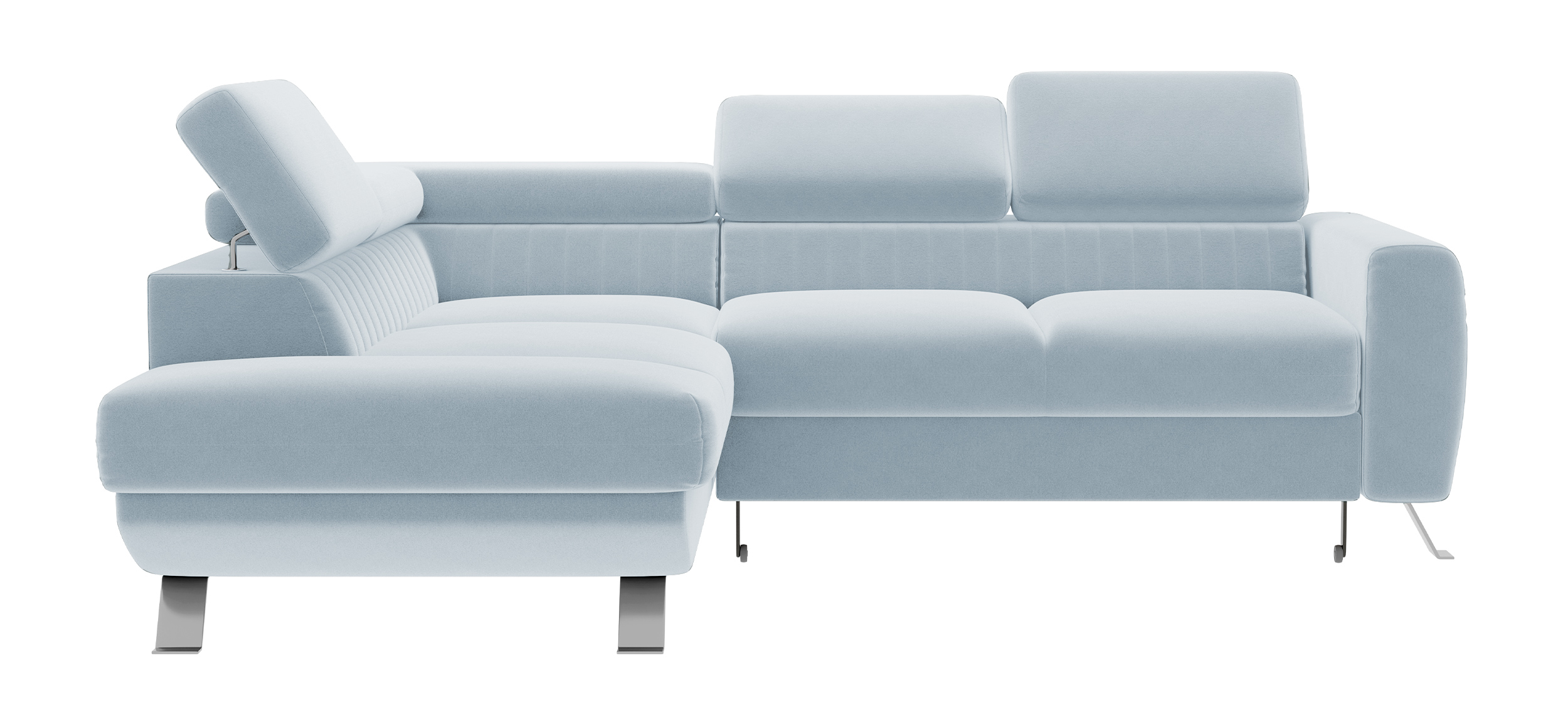 Narożnik z funkcją spania Bambito L-kształtny z pojemnikiem i regulowanymi zagłówkami błękitny welur hydrofobowy lewostronny - zdjęcie 1