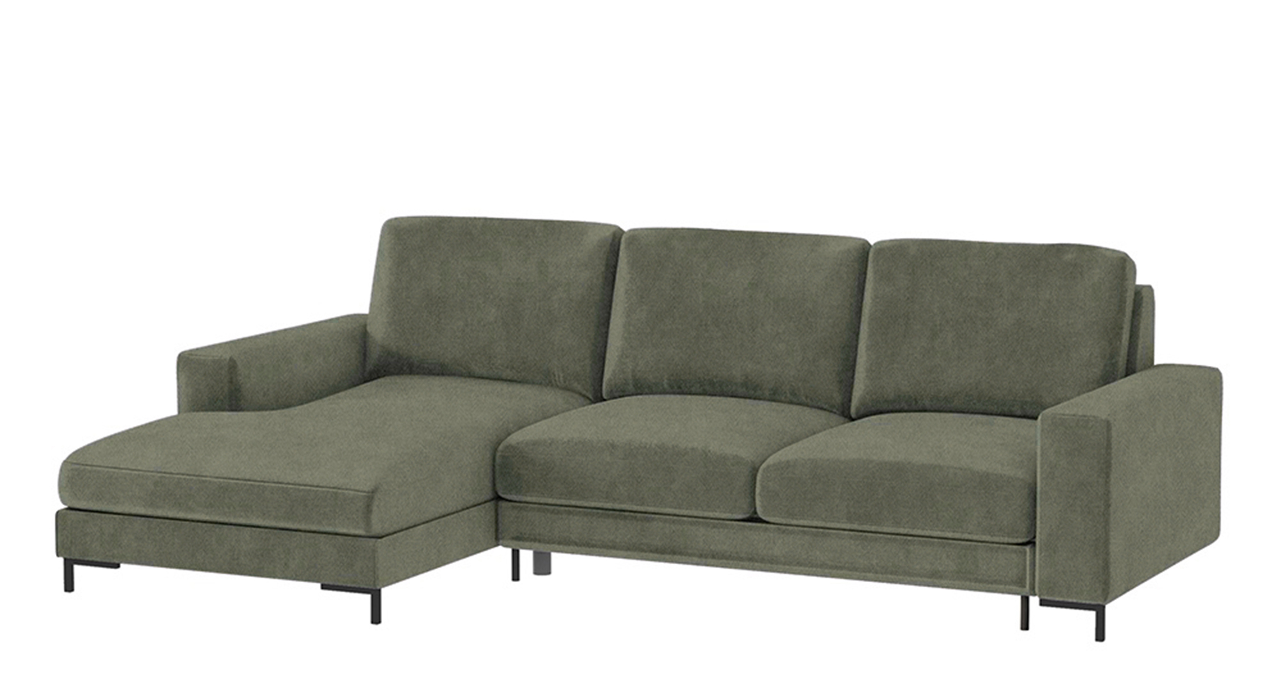 Narożnik z funkcją spania Mokpeo L-kształtny z dwoma pojemnikami na czarnych nóżkach oliwkowy w tkaninie hydrofobowej lewostronny - zdjęcie 1