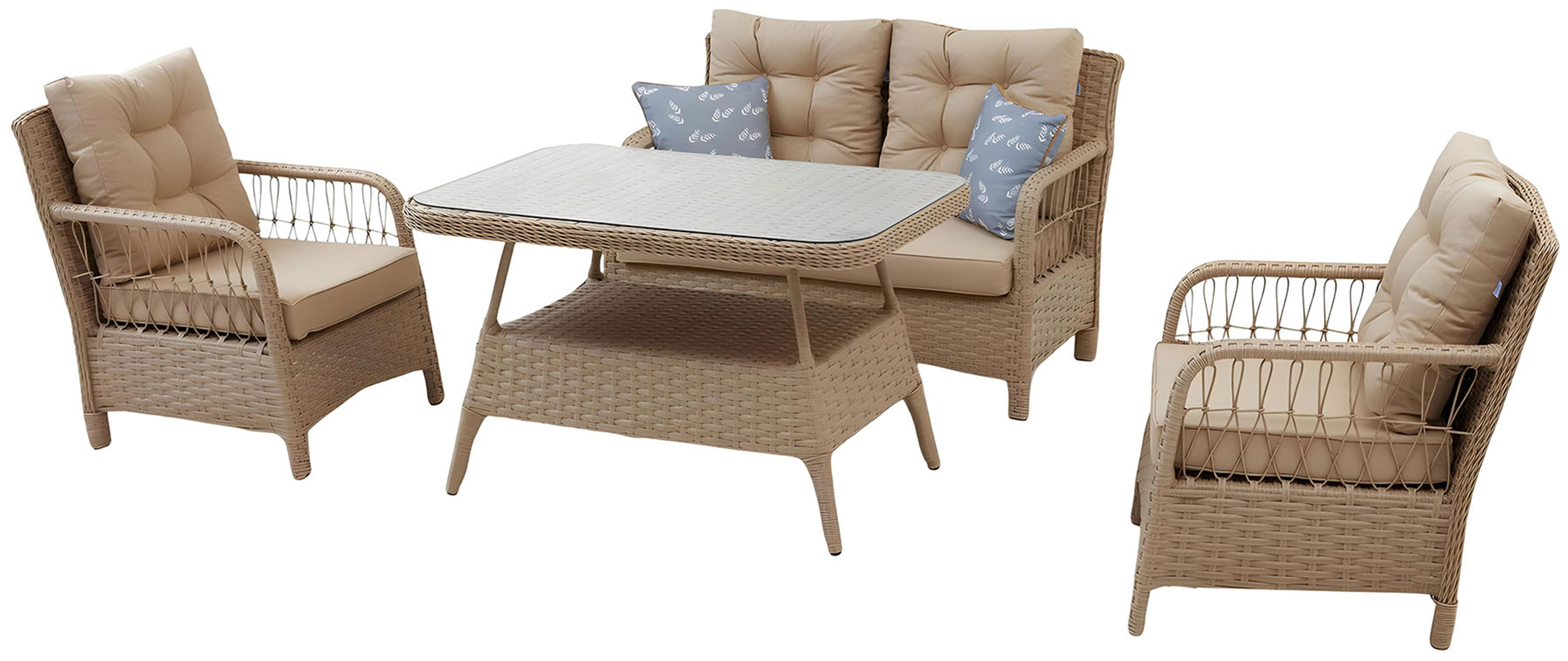 Zestaw ogrodowy Abservy z sofą, dwoma fotelami i stolikiem technorattan beżowy - zdjęcie 1