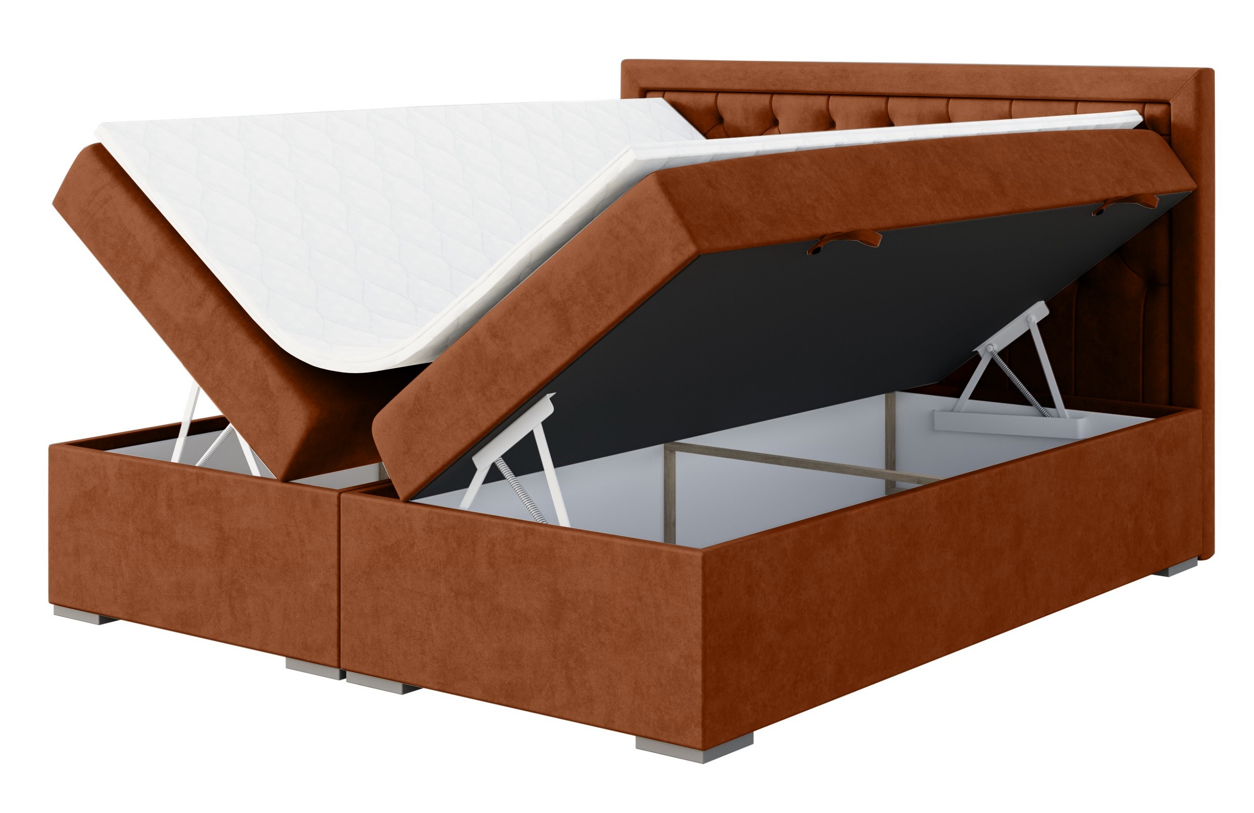 Łóżko kontynentalne 180x200 cm Periana z pojemnikami i topperem miedziane welur hydrofobowy