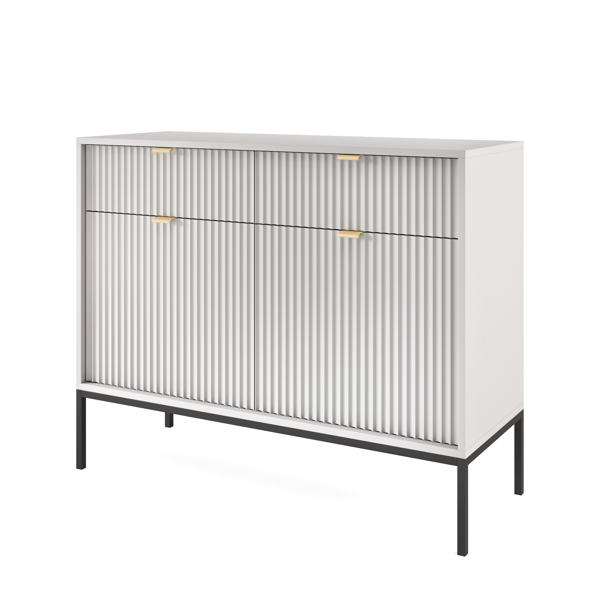 Komoda dwudrzwiowa Vellore 104 cm szara z ryflowanymi frontami i złotymi uchwytami