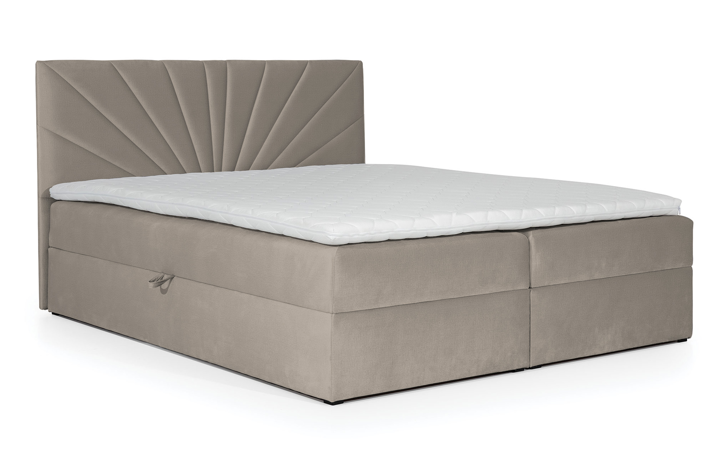 Łóżko kontynentalne Potomje 180x200 z dwoma pojemnikami, materacem i topperem jasnobrązowe hydrofobowe - zdjęcie 1