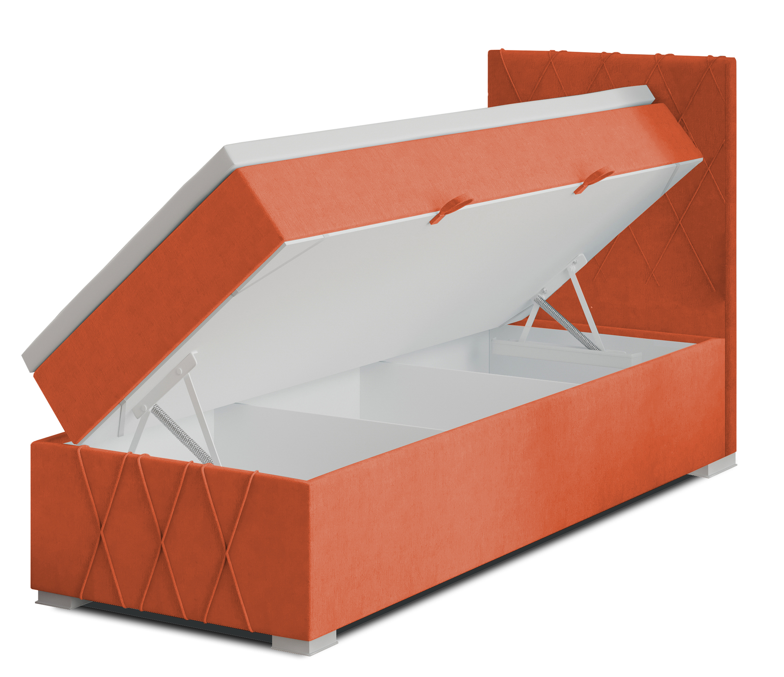 Łóżko kontynentalne 90x200 cm Segarati z pojemnikiem i topperem koralowe welur hydrofobowy prawostronne