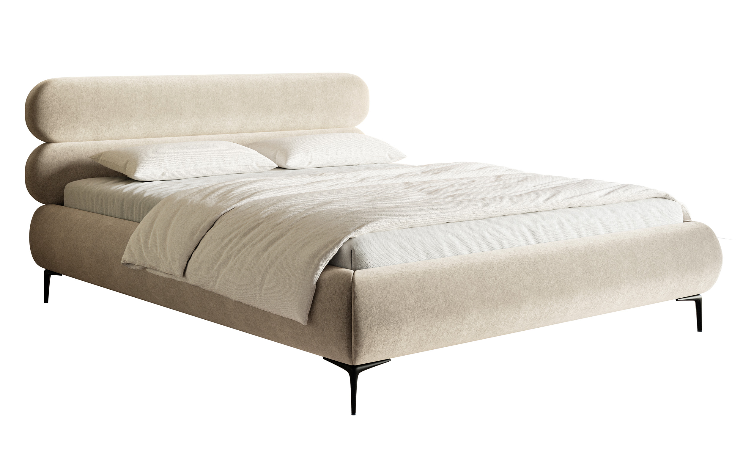 Łóżko tapicerowane 160x200 cm Roule z pojemnikiem stelaż metalowy jasnobeżowe welur hydrofobowy nóżki czarne - zdjęcie 1